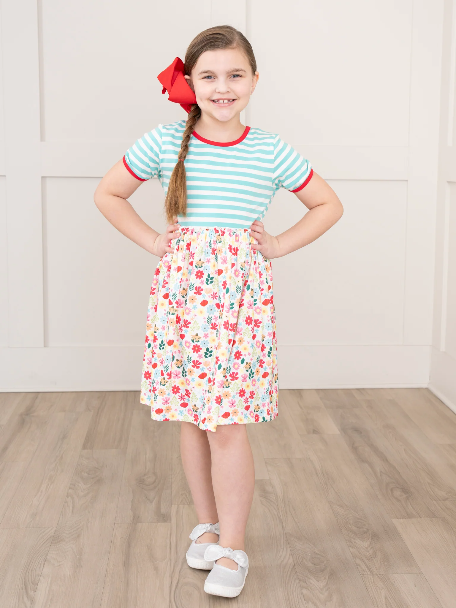 Ringer Striped Florals Dress - Red & Teal - Image 3