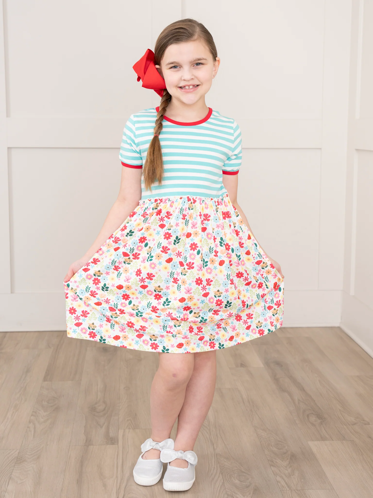 Ringer Striped Florals Dress - Red & Teal - Image 4