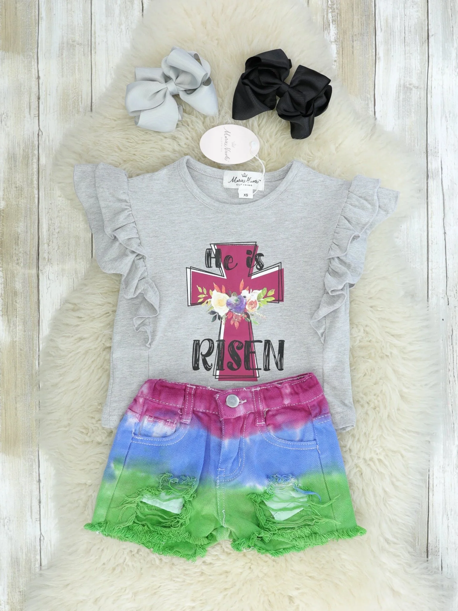 "Risen" Cross Ruffle Top & Ombre Shorts Outfit - Image 2