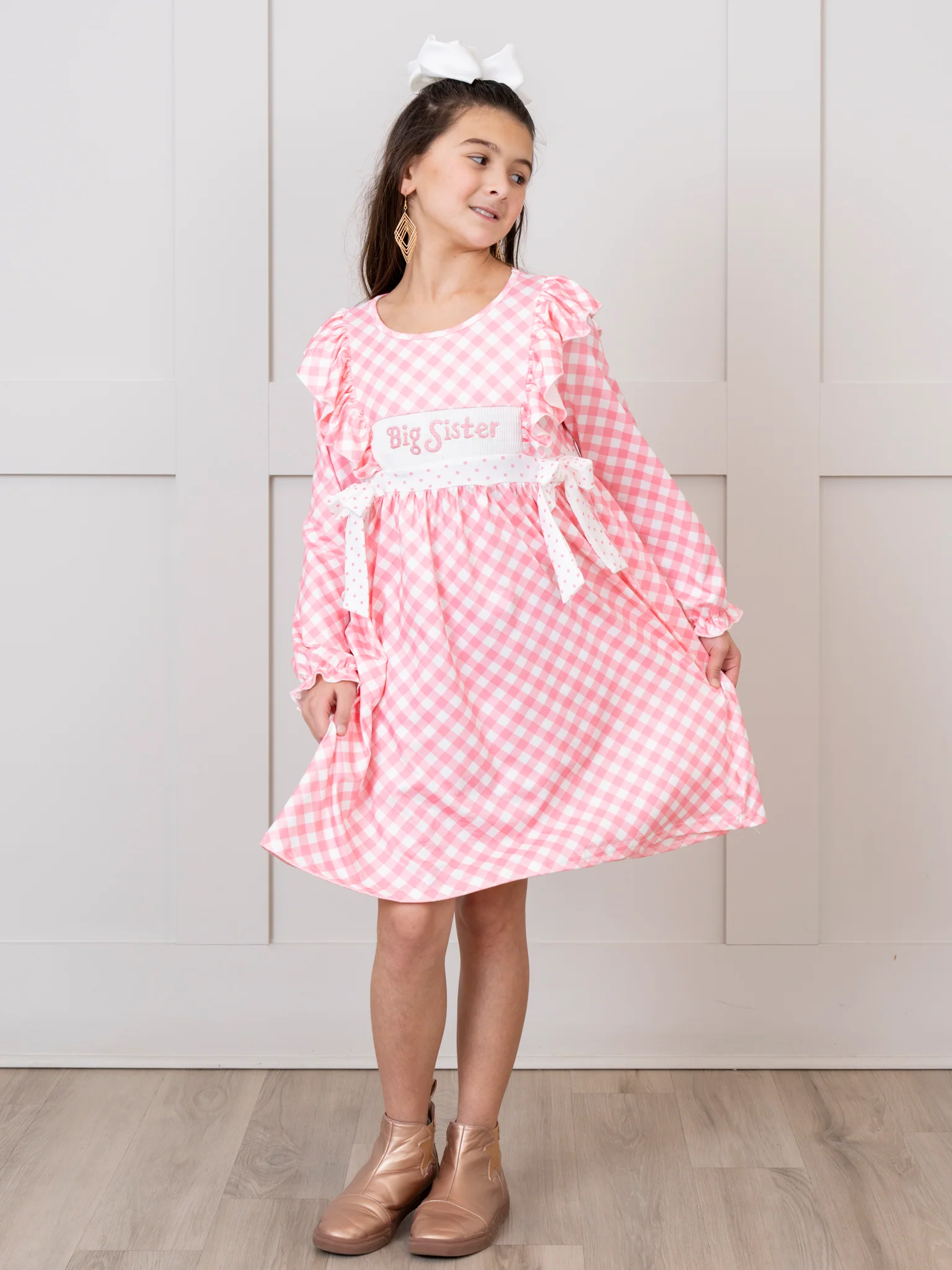 Rose Gingham Smocked "Big Sister" Ruffle Dress - Image 3