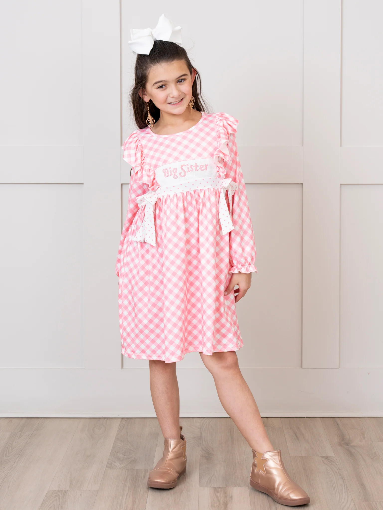 Rose Gingham Smocked "Big Sister" Ruffle Dress - Image 4