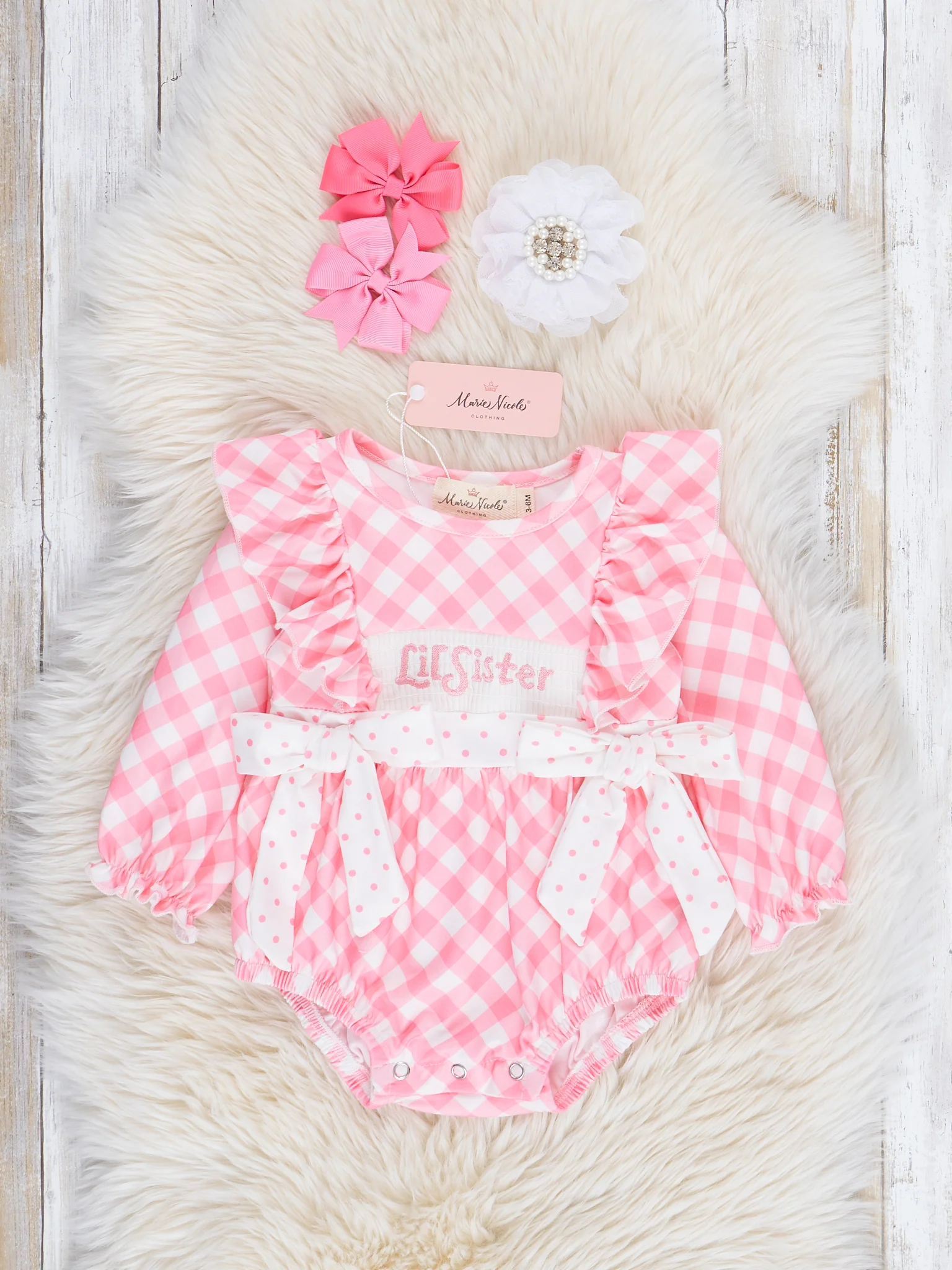 Rose Gingham Smocked "Little Sister" Ruffle Bubble Romper
