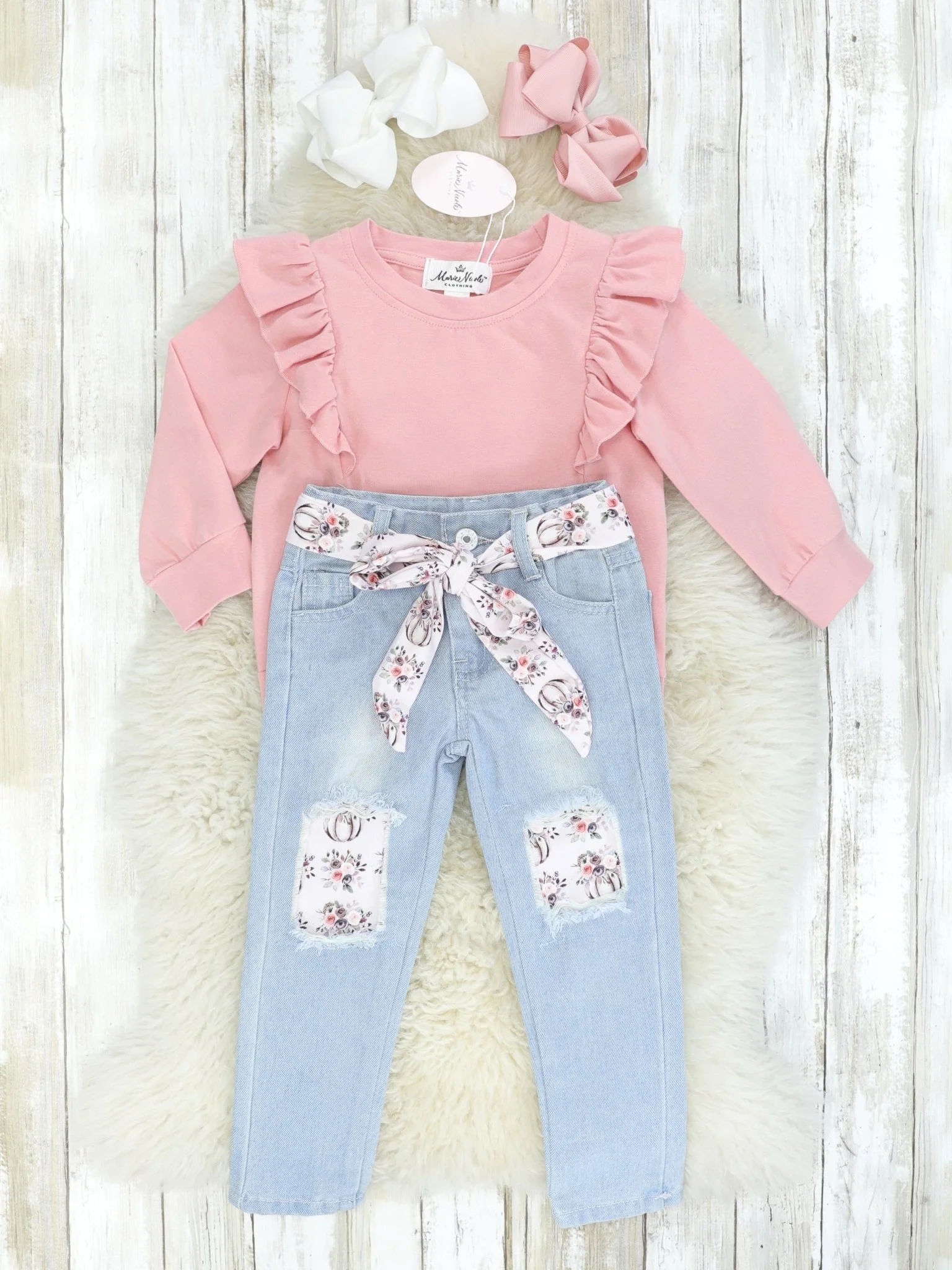 Rose Pink Ruffle Top & Distressed Denim Outfit - Image 2