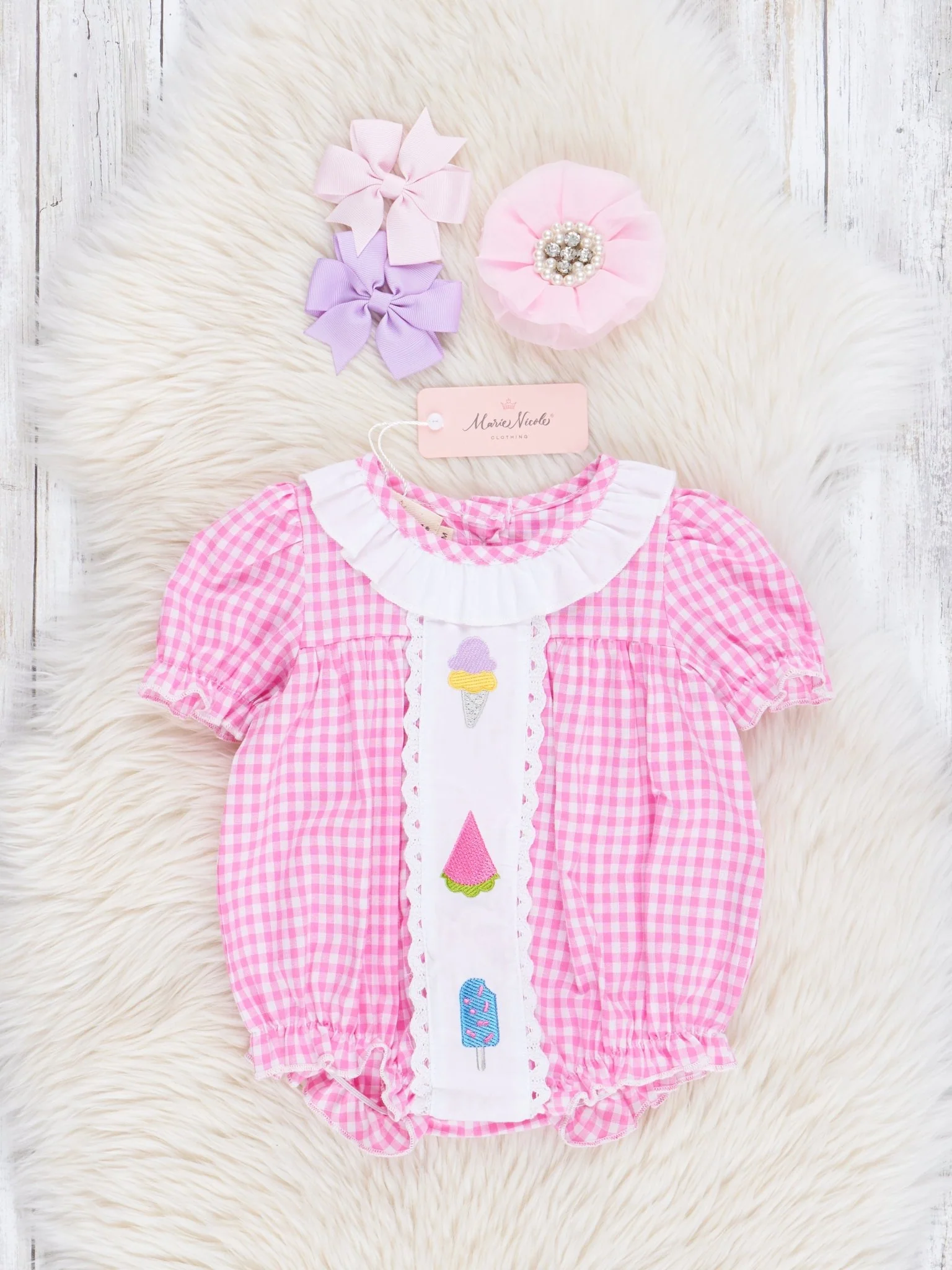 Rose Sweet Treats Embroidered Plaid Bubble Romper