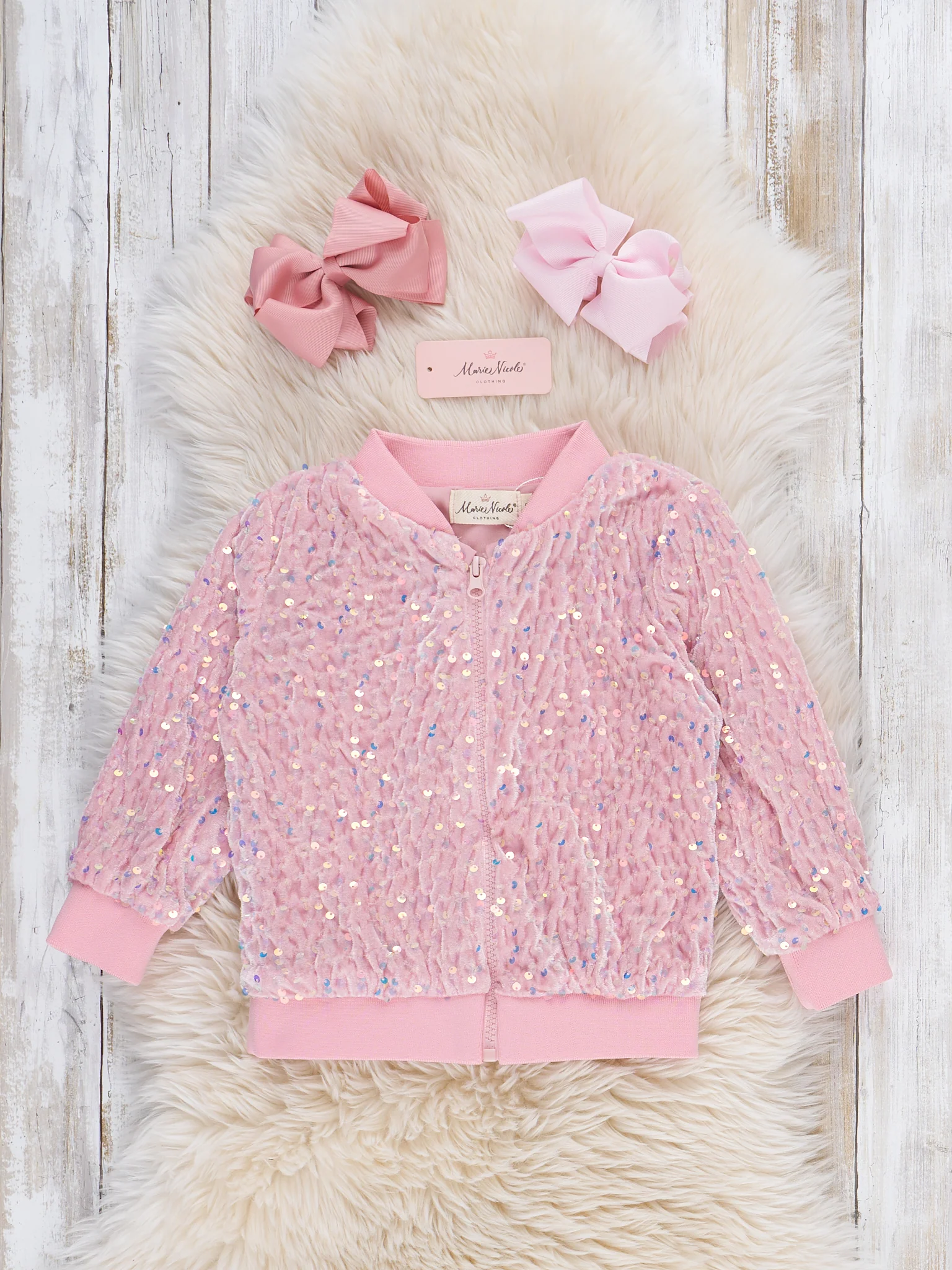 Rosy Glimmer Sequin Velvet Bomber Jacket