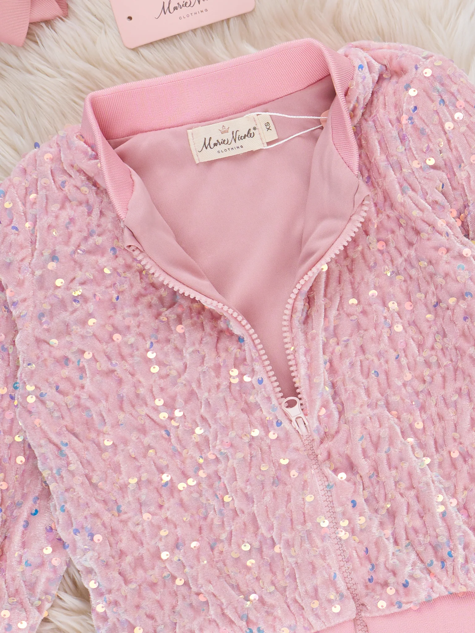 Rosy Glimmer Sequin Velvet Bomber Jacket - Image 2