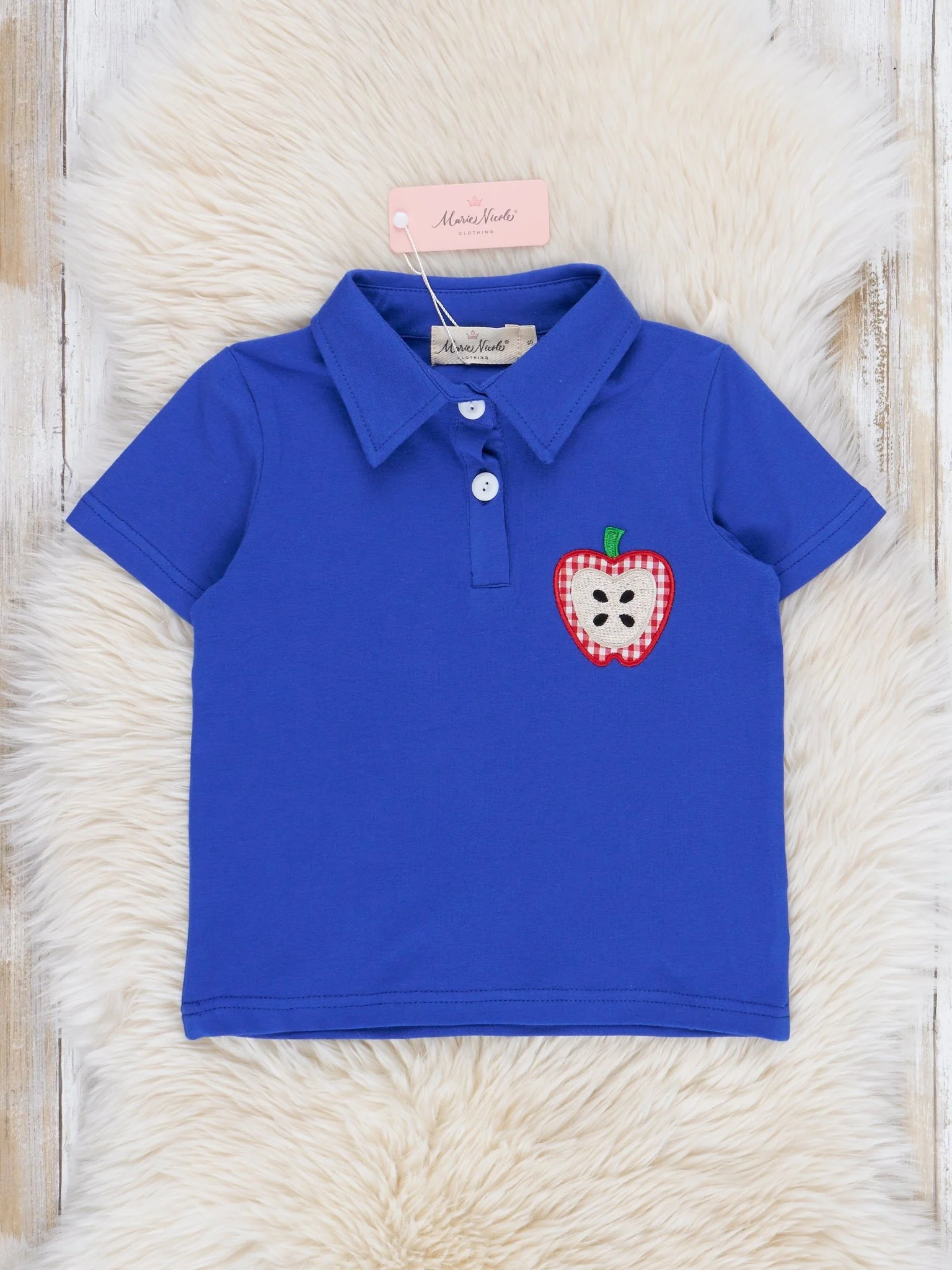 Royal Blue Embroidered Apples Polo Shirt - Image 2