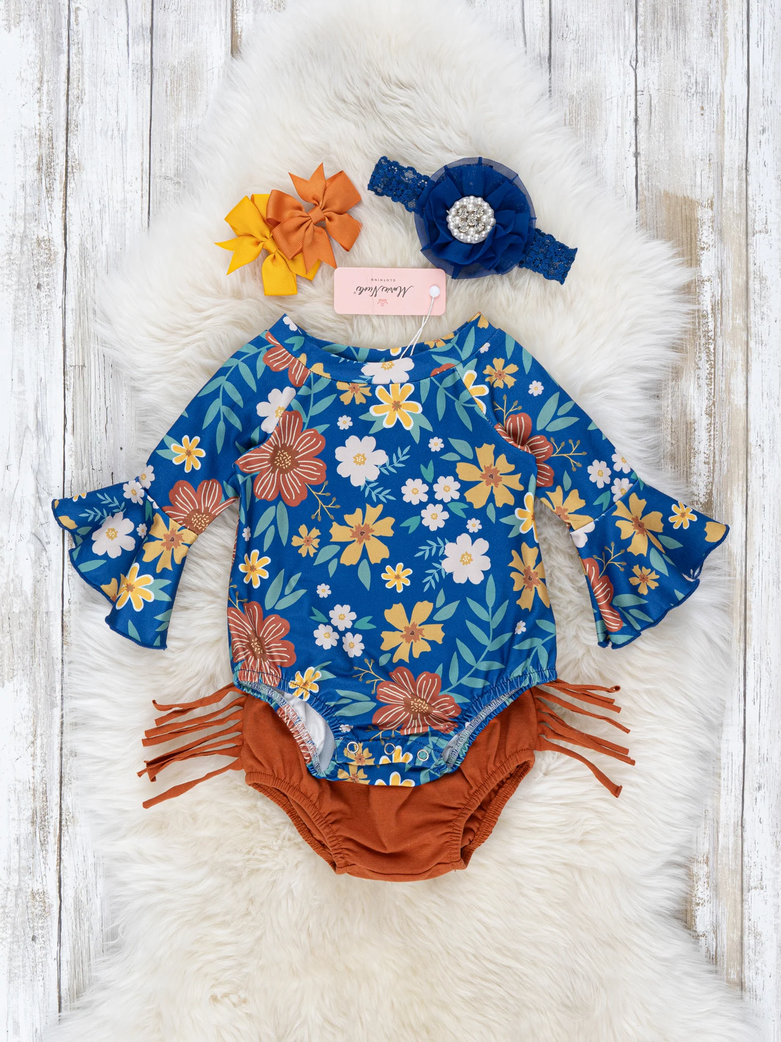 Royal Blue & Sepia Floral Fringe Romper Outfit
