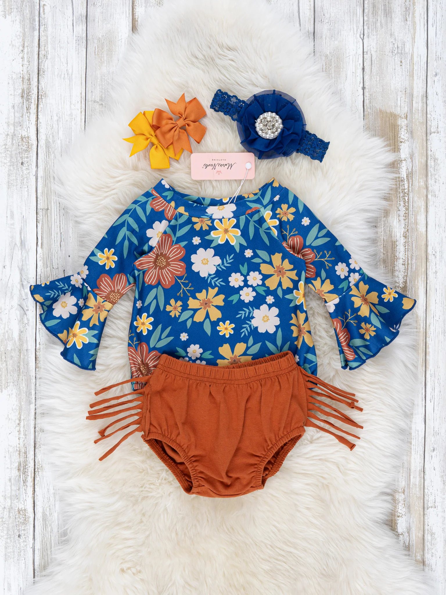 Royal Blue & Sepia Floral Fringe Romper Outfit - Image 2