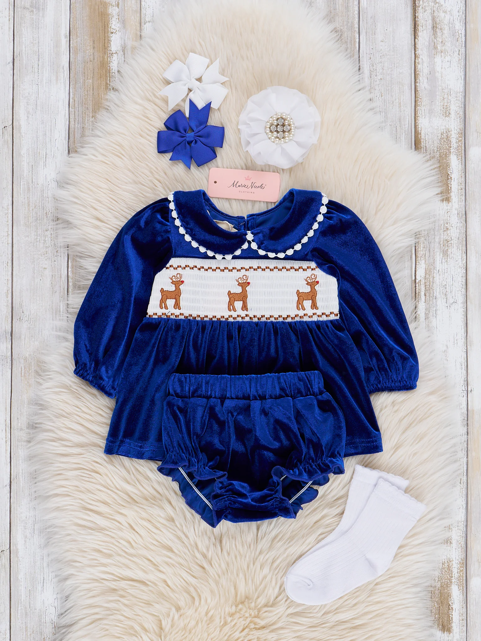 Royal Blue Smocked Reindeer Velvet Bloomers Outfit - Image 2