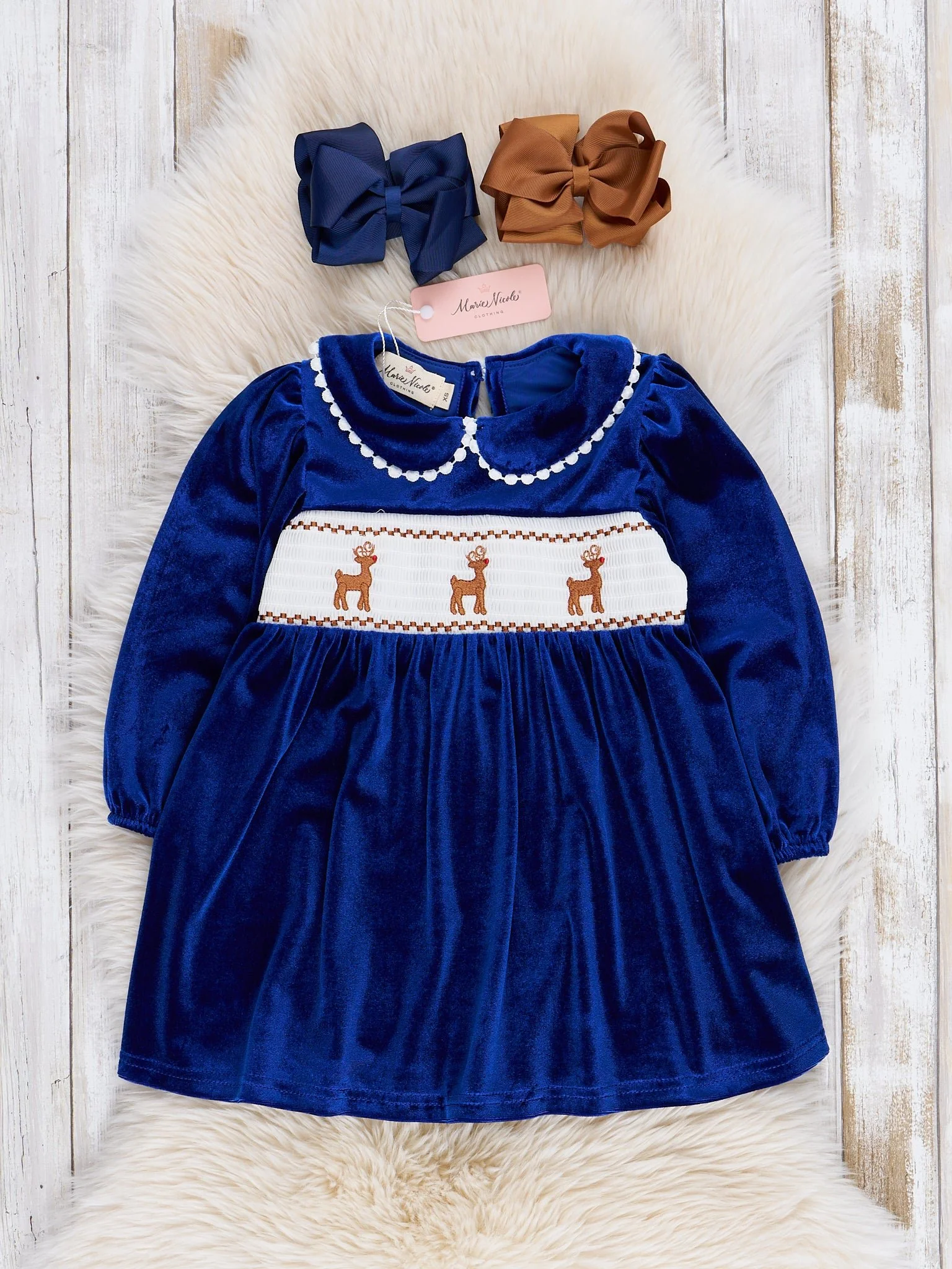 Royal Blue Smocked Reindeer Velvet Dress - Image 2