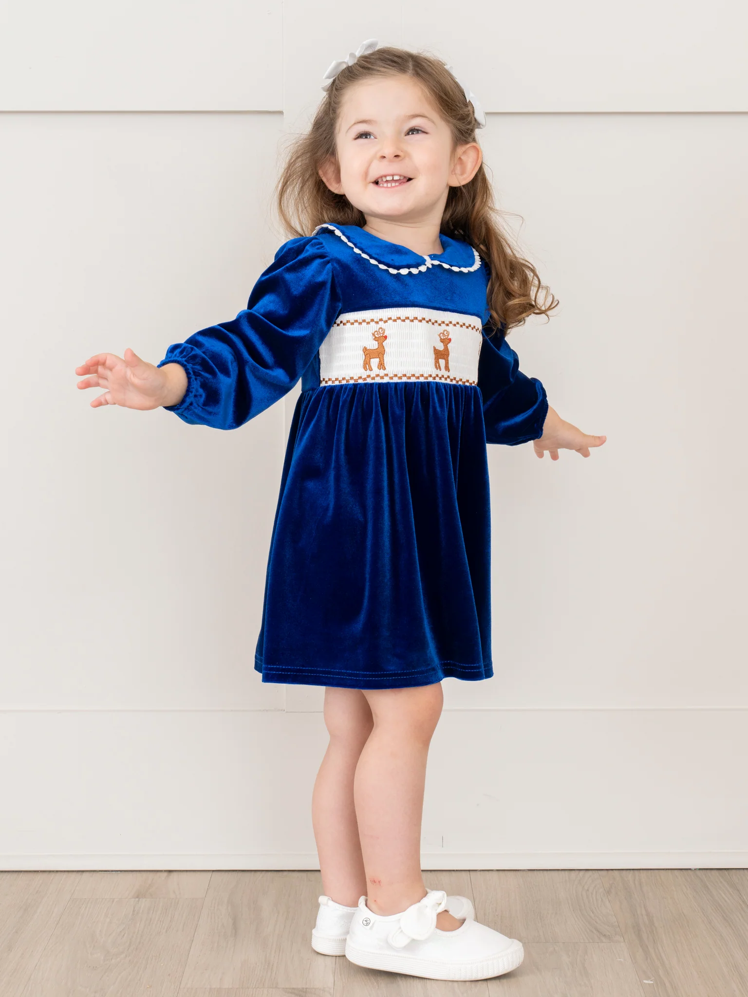 Royal Blue Smocked Reindeer Velvet Dress - Image 3