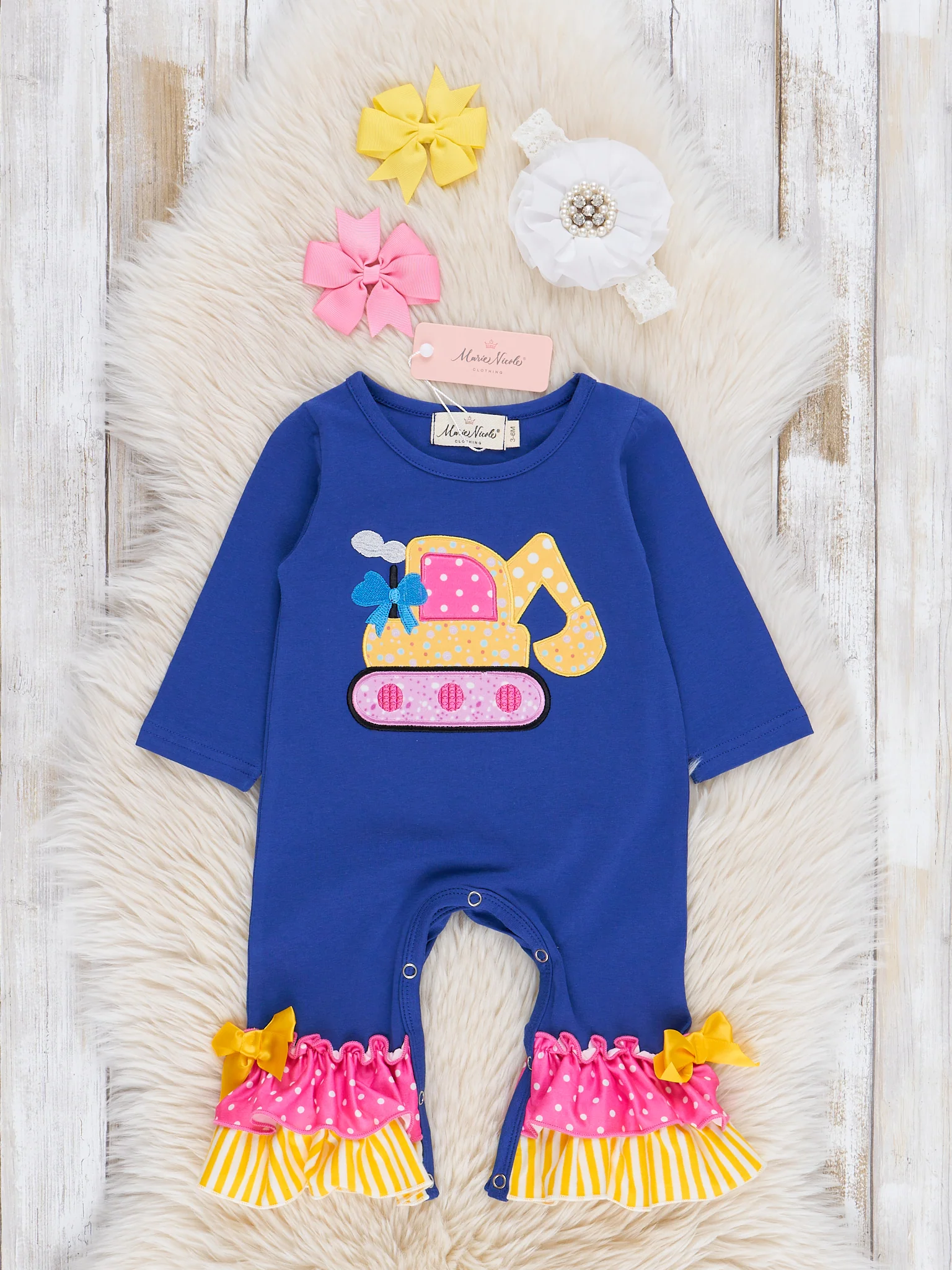 Royal Blue & Yellow Excavator Ruffle Romper