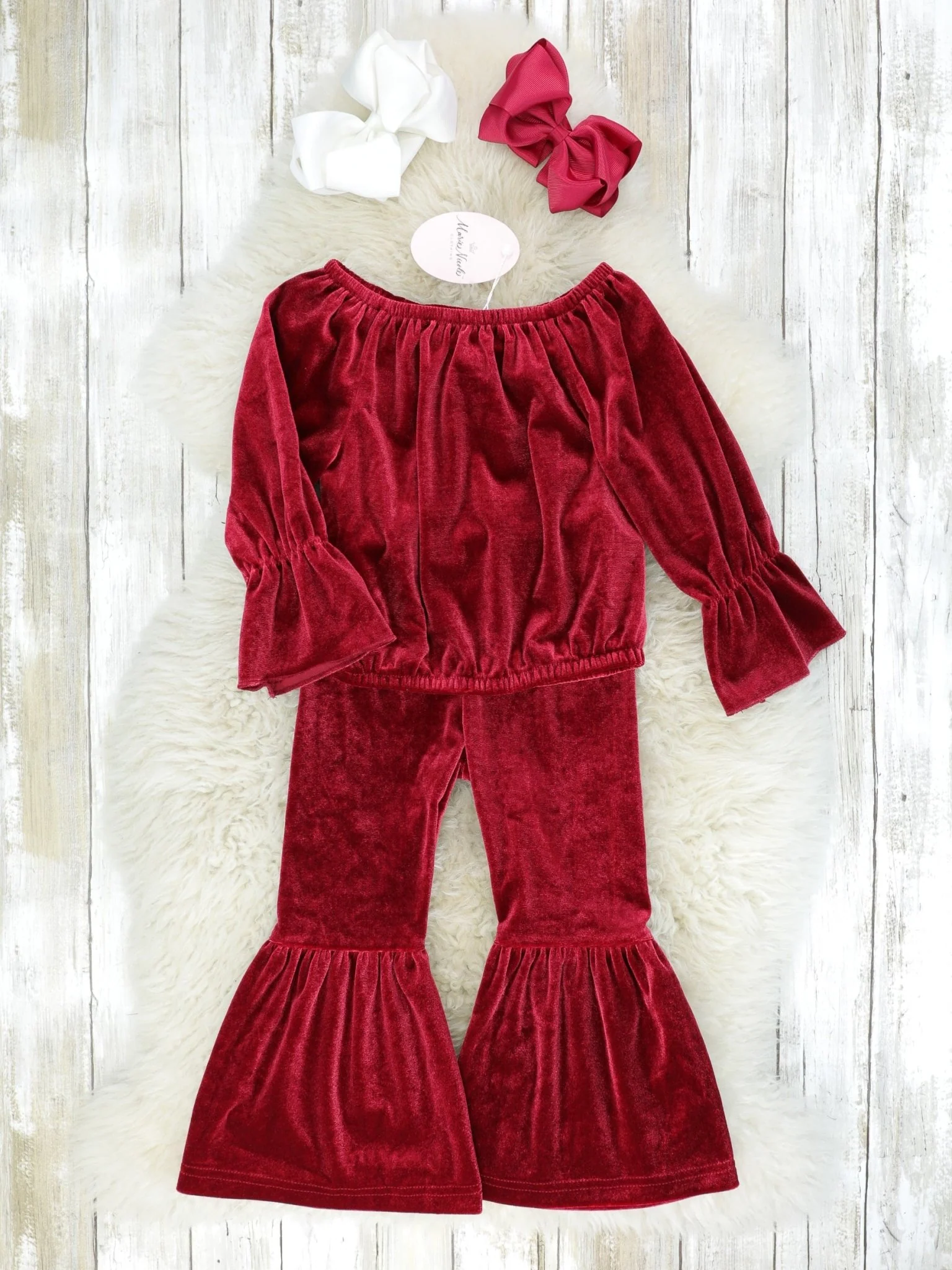 Ruby Red Velvet Top & Bell Bottoms Outfit