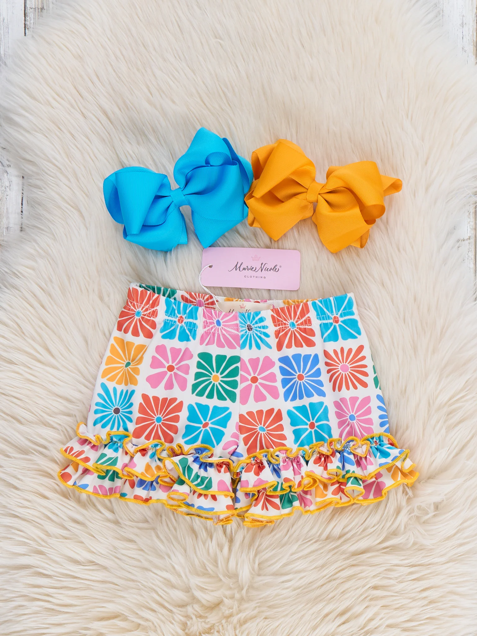 Ruffle Hem Shorts - Flower Tiles