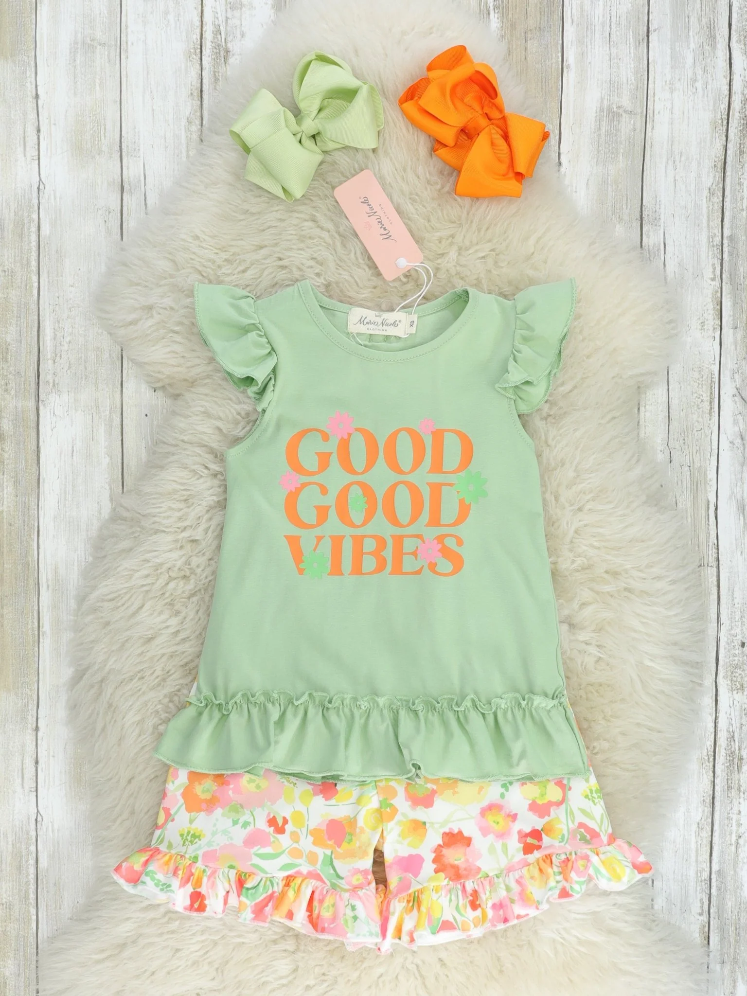 Sage "Good Vibes" Floral Ruffle Outfit