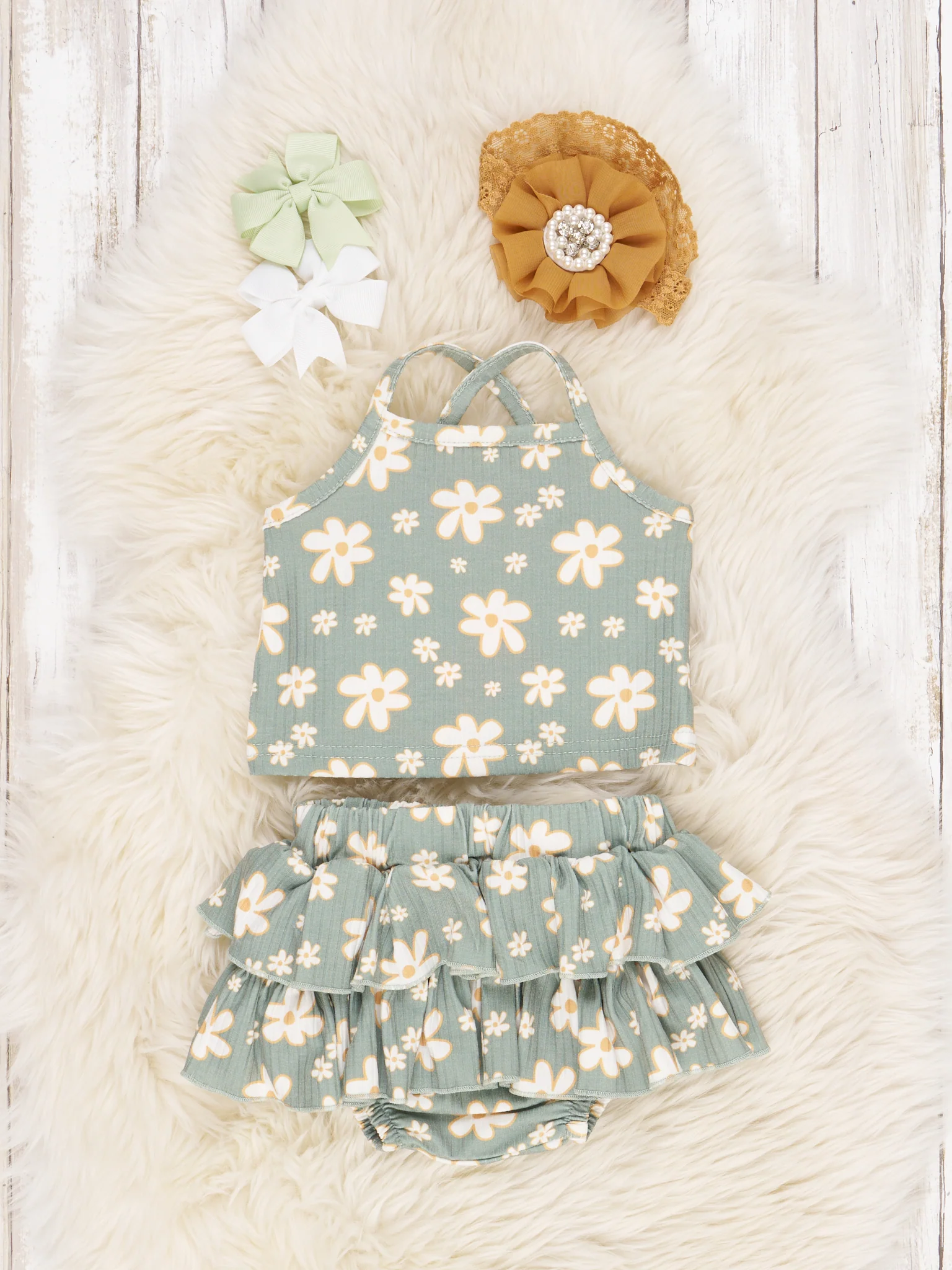 Sage Ribbed Floral Ruffle Bloomers Outfit