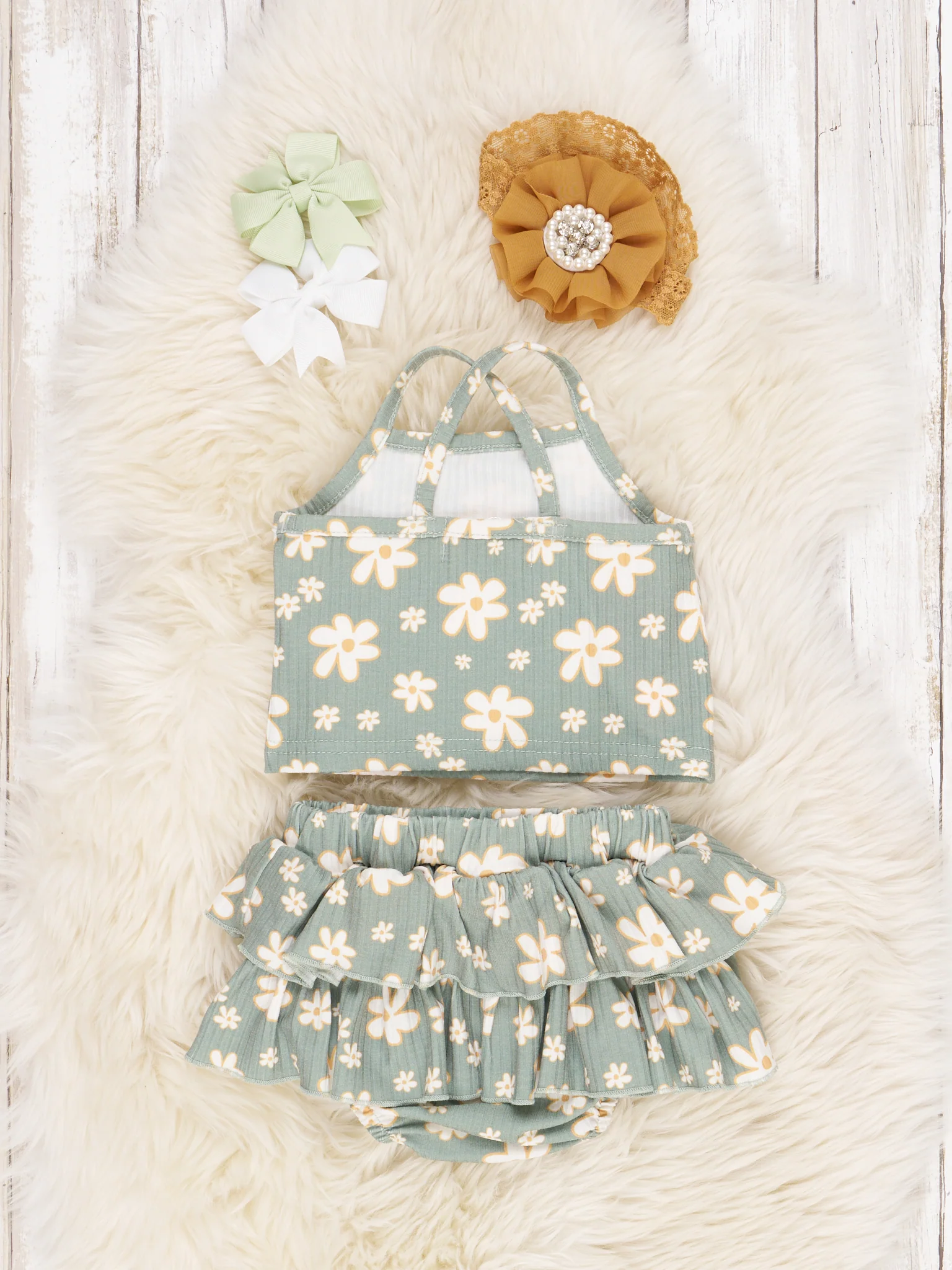 Sage Ribbed Floral Ruffle Bloomers Outfit - Image 2