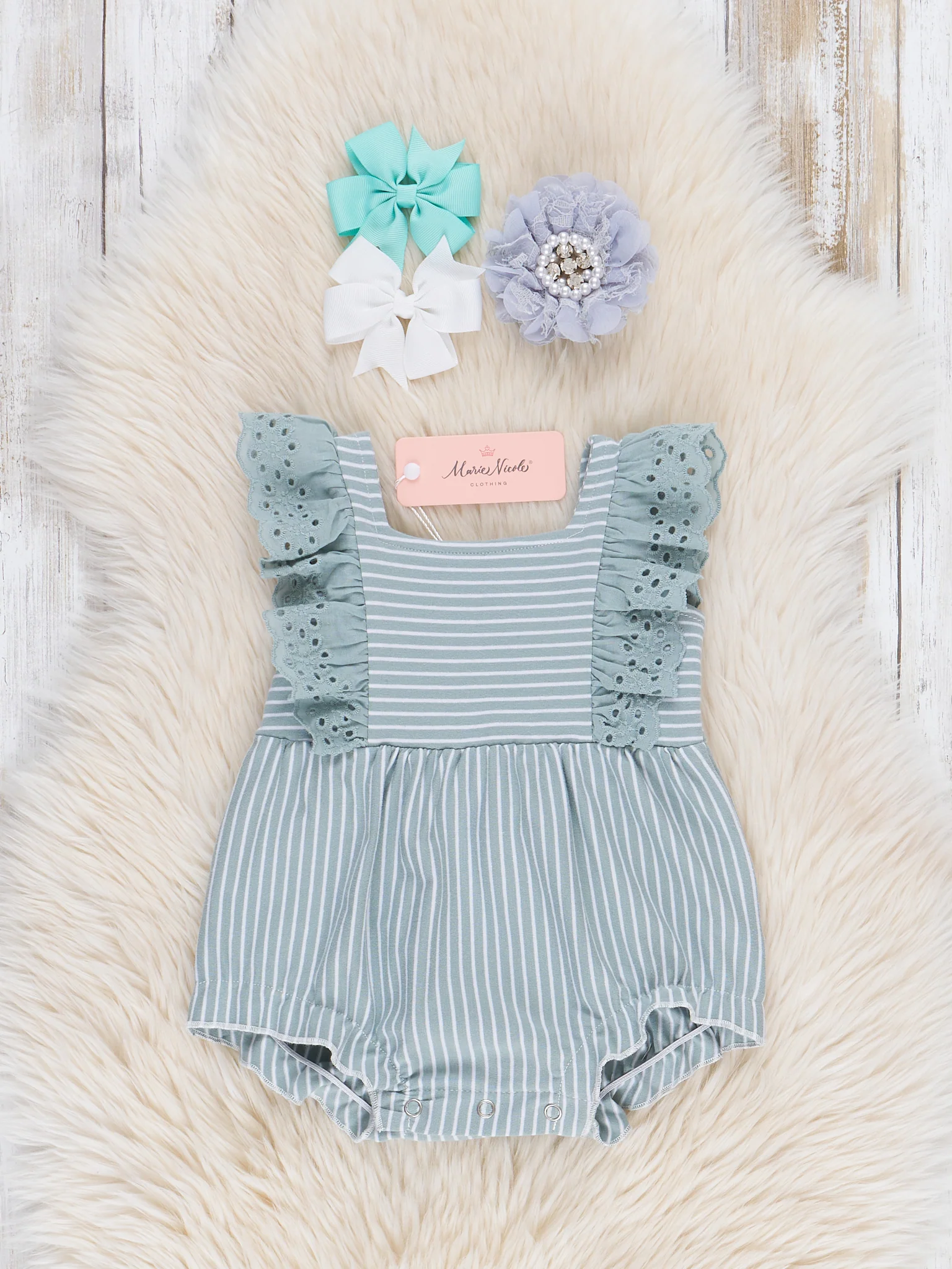 Sage Striped Eyelet Ruffle Bubble Romper