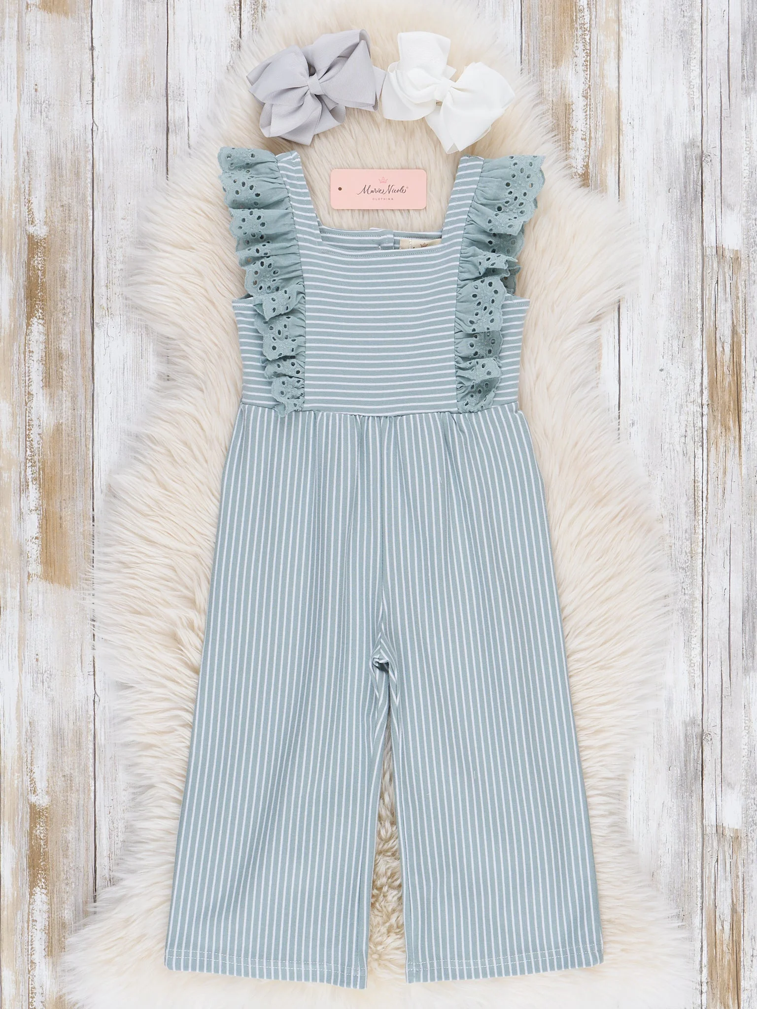 Sage Striped Eyelet Ruffle Jumpsuit