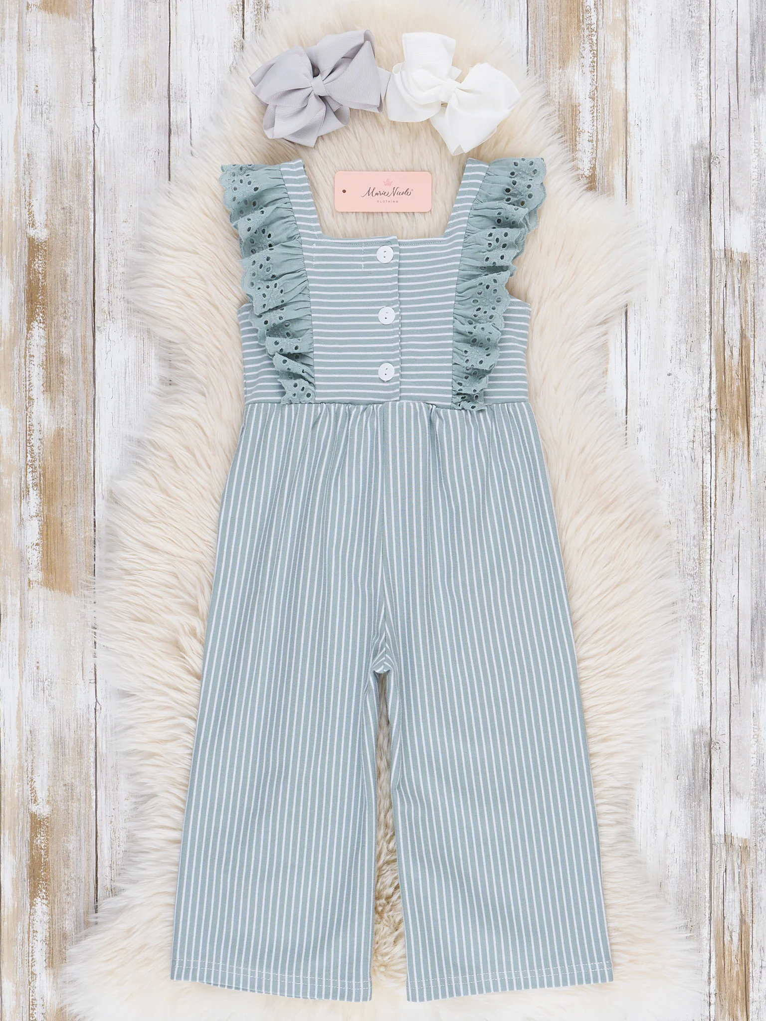 Sage Striped Eyelet Ruffle Jumpsuit - Image 2