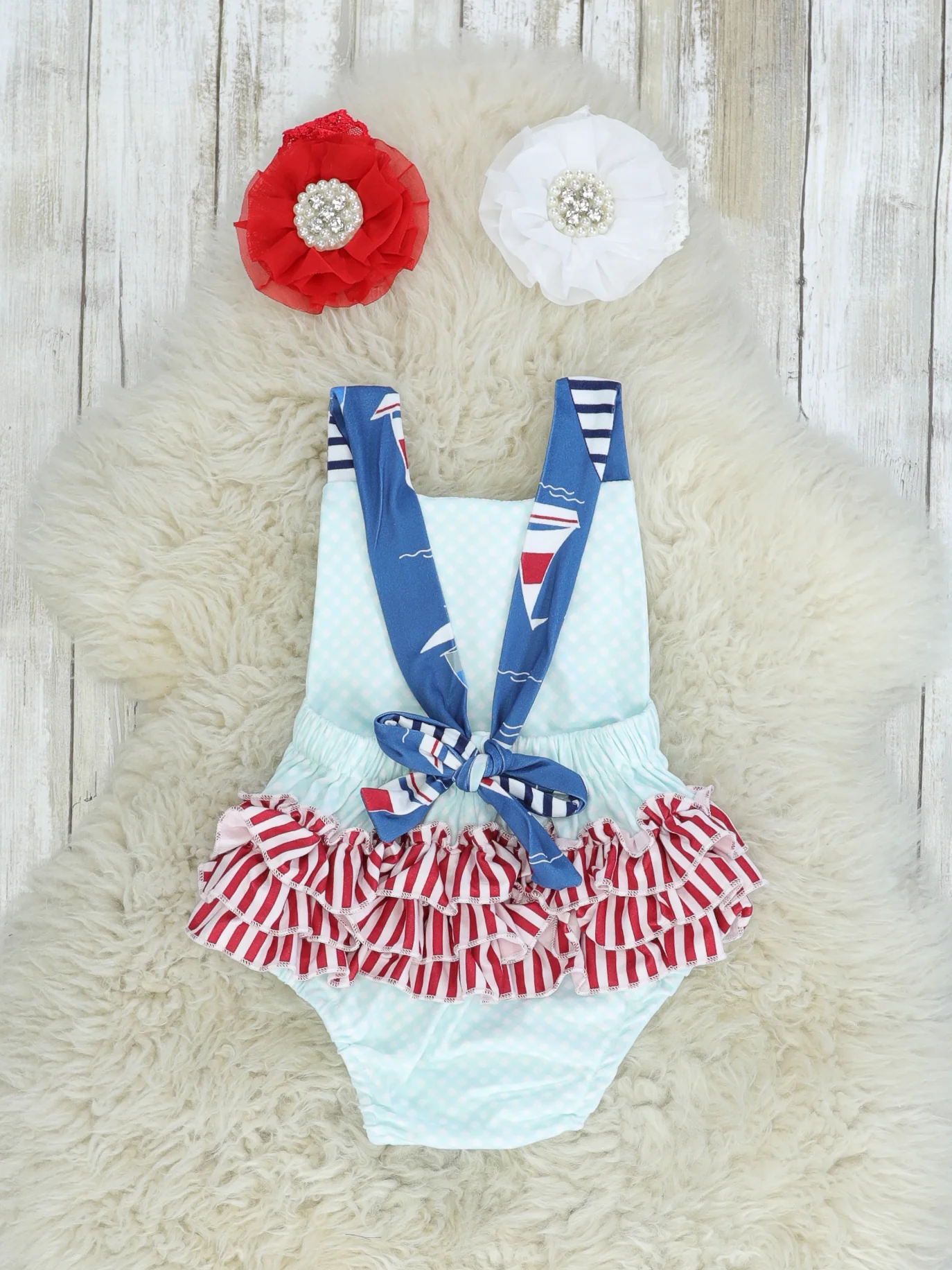 Sailboat Polka Dot & Striped Bubble Romper - Image 2
