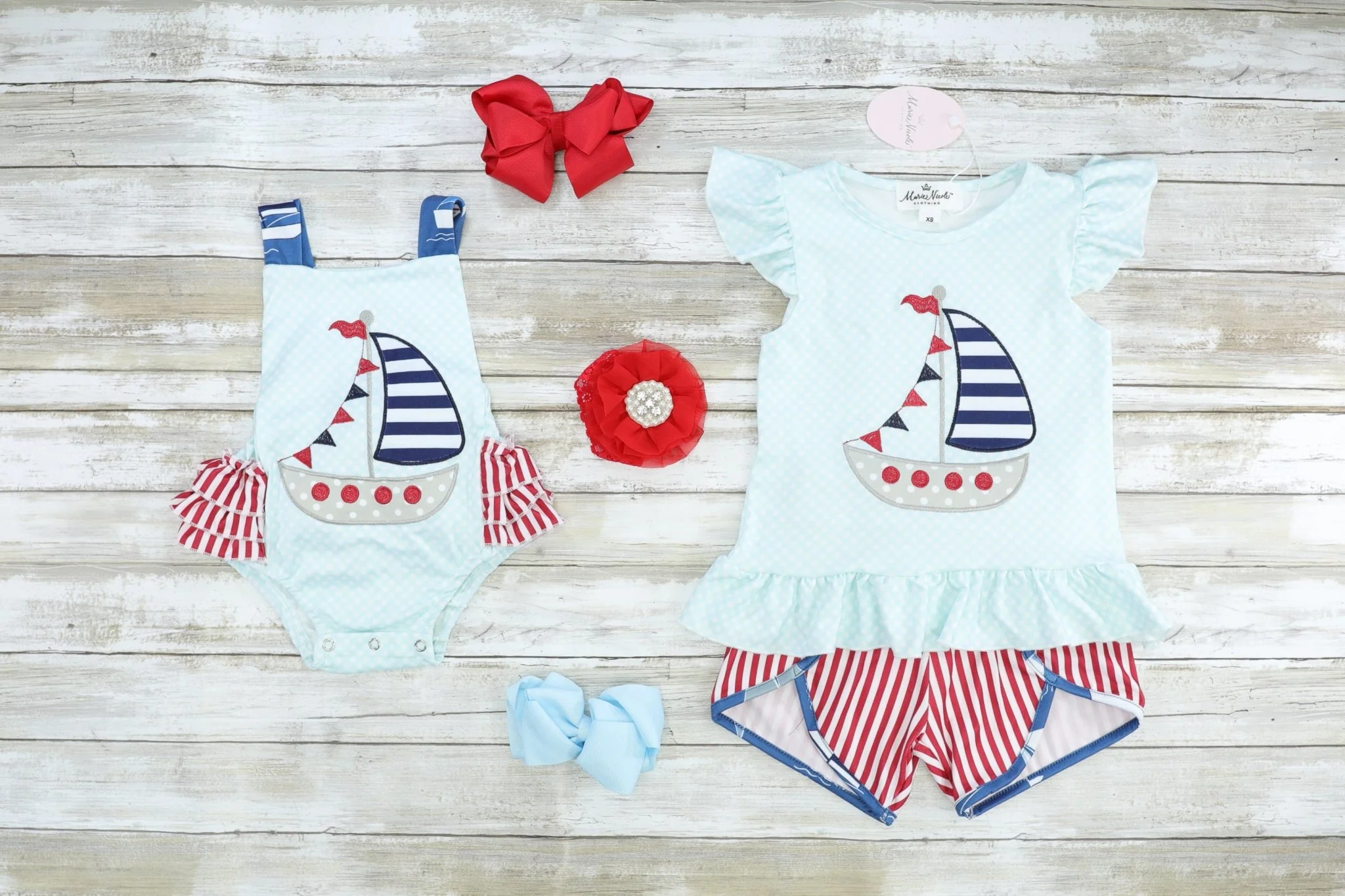 Sailboat Polka Dot & Striped Bubble Romper - Image 3