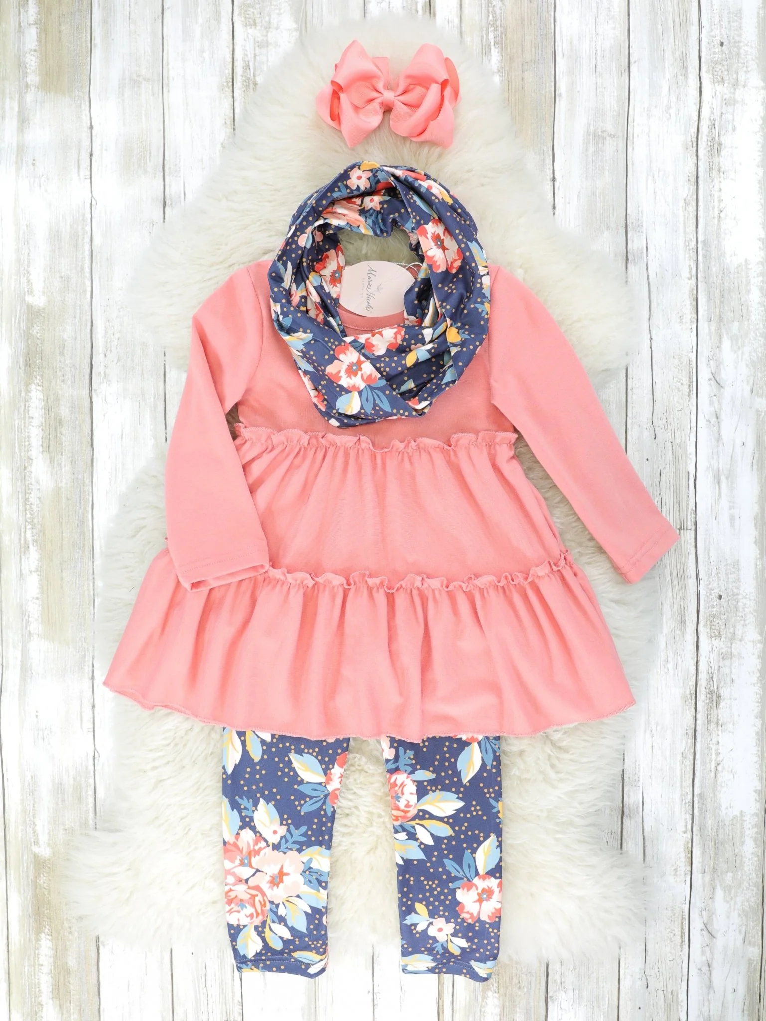 Salmon Pink Tiered Top & Floral Bottoms w/ Scarf