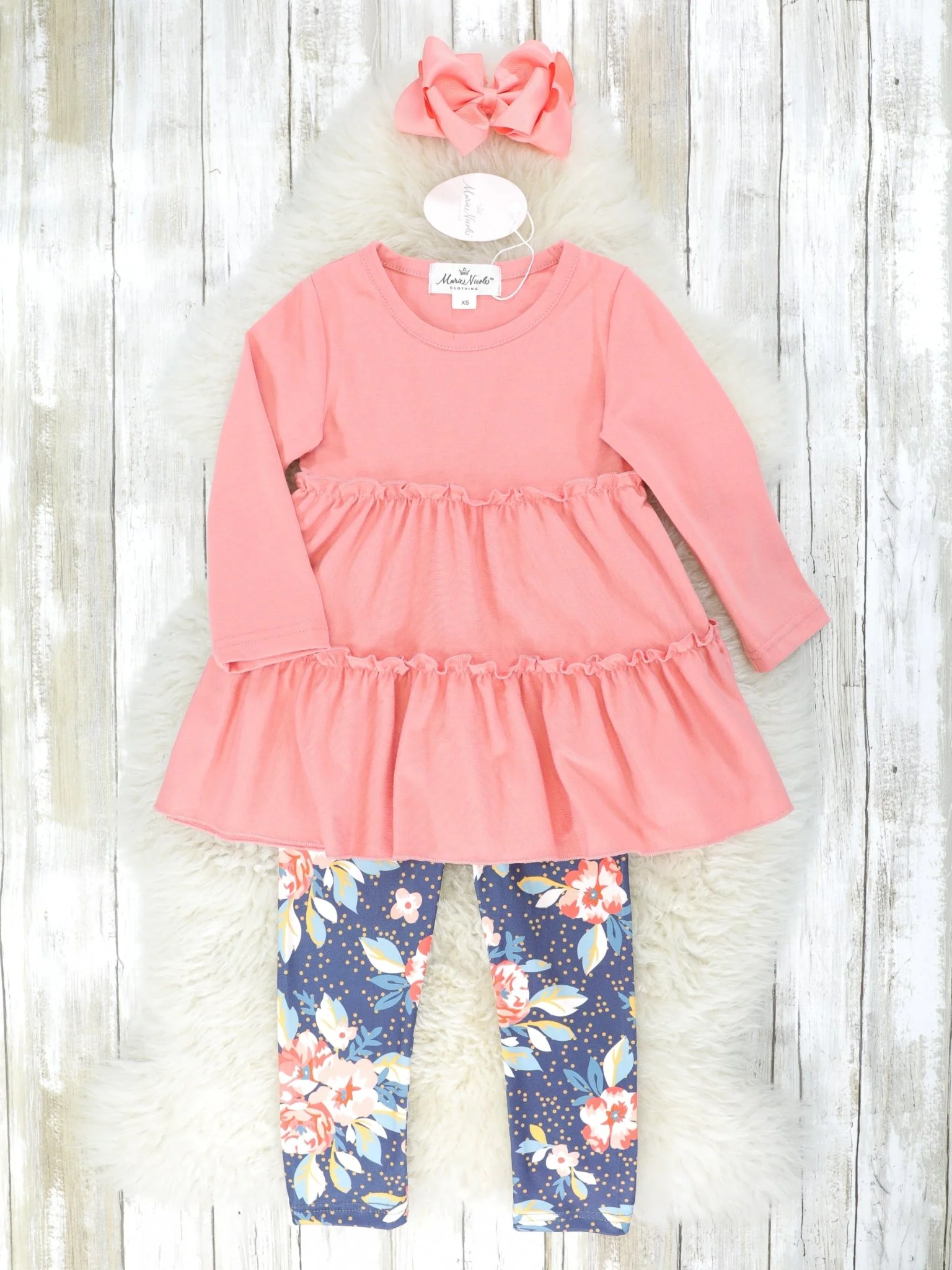 Salmon Pink Tiered Top & Floral Bottoms w/ Scarf - Image 2