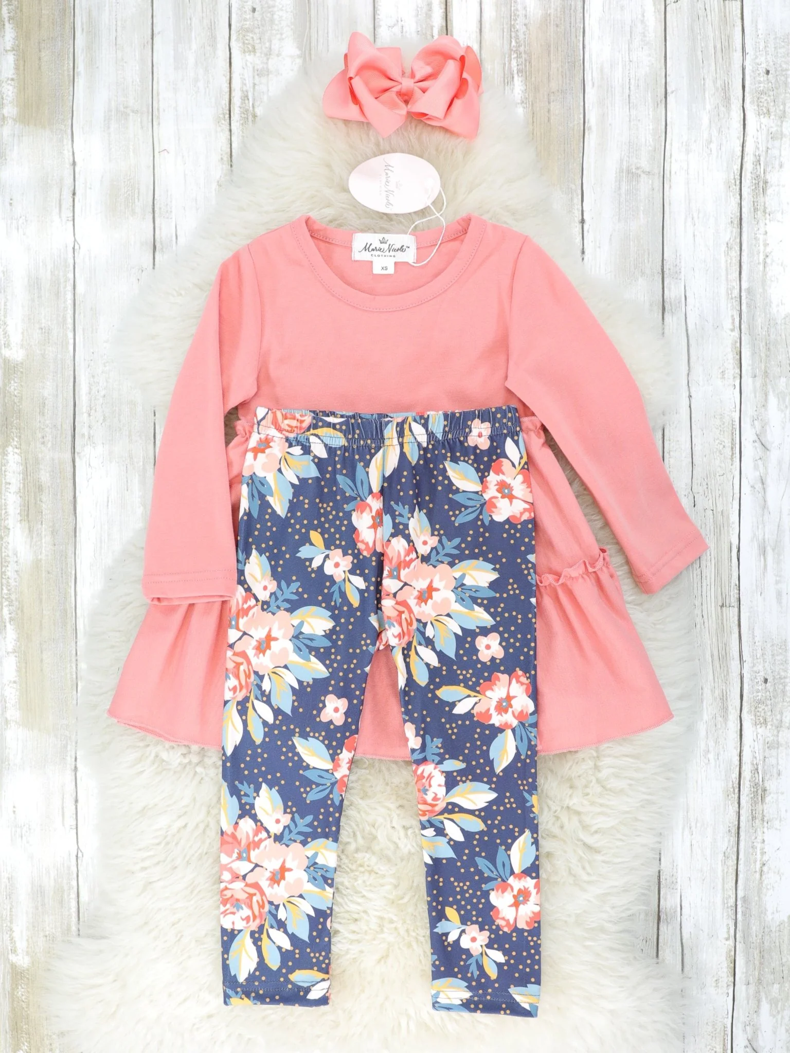 Salmon Pink Tiered Top & Floral Bottoms w/ Scarf - Image 3