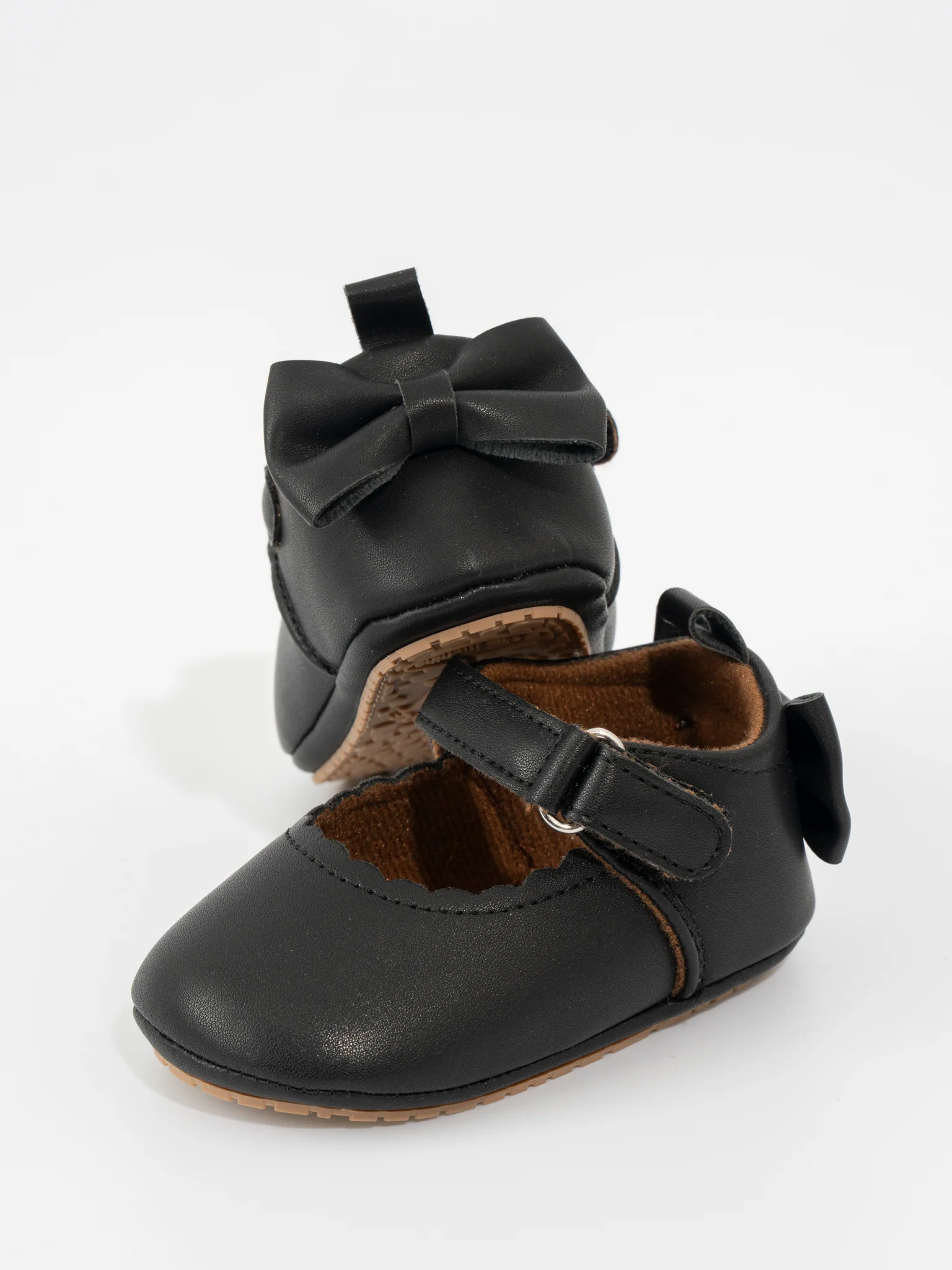 Scalloped Heel Bows Mary Jane Baby Shoes Black - Image 6