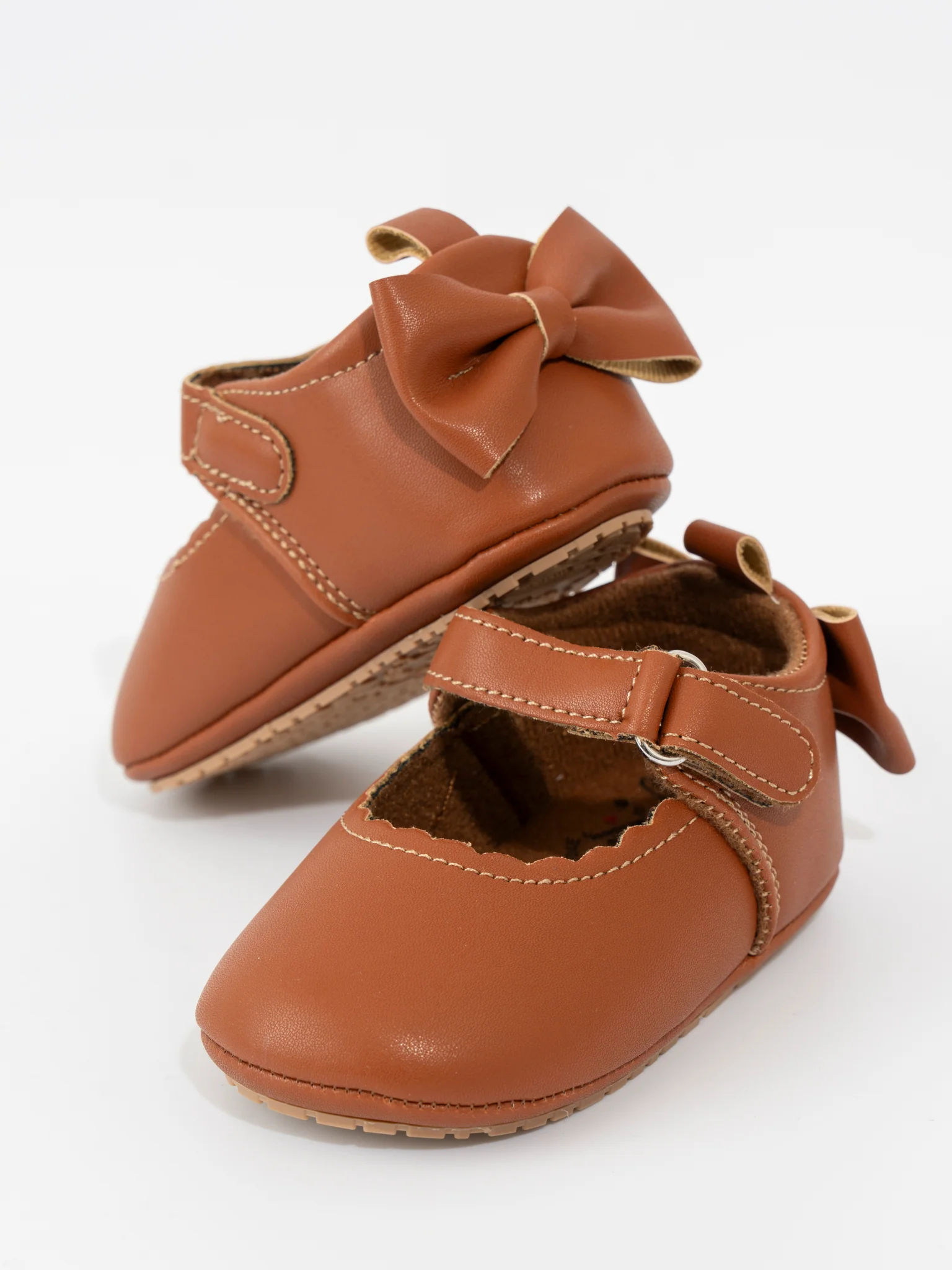Scalloped Heel Bows Mary Jane Baby Shoes Brown