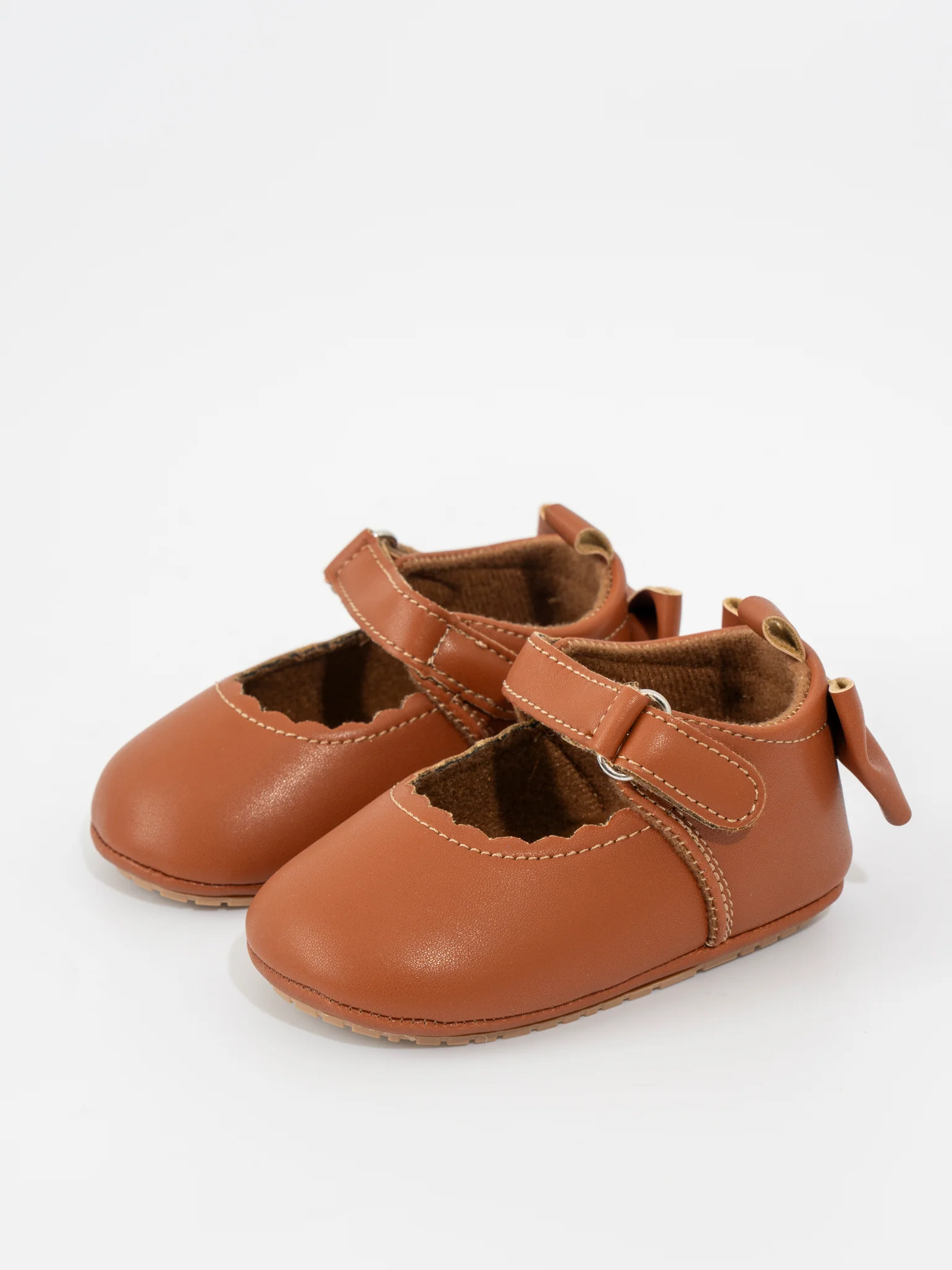 Scalloped Heel Bows Mary Jane Baby Shoes Brown - Image 4