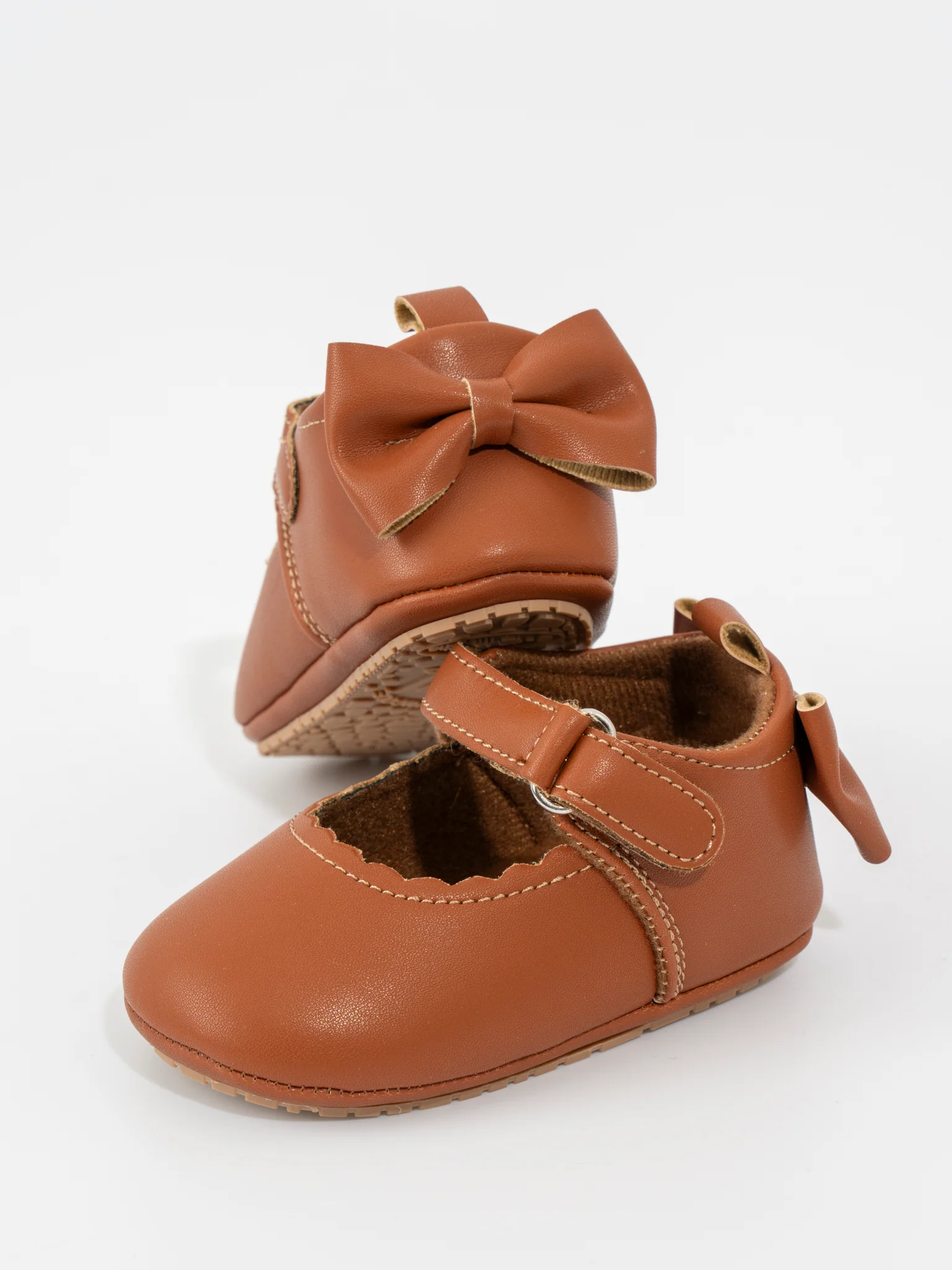 Scalloped Heel Bows Mary Jane Baby Shoes Brown - Image 6