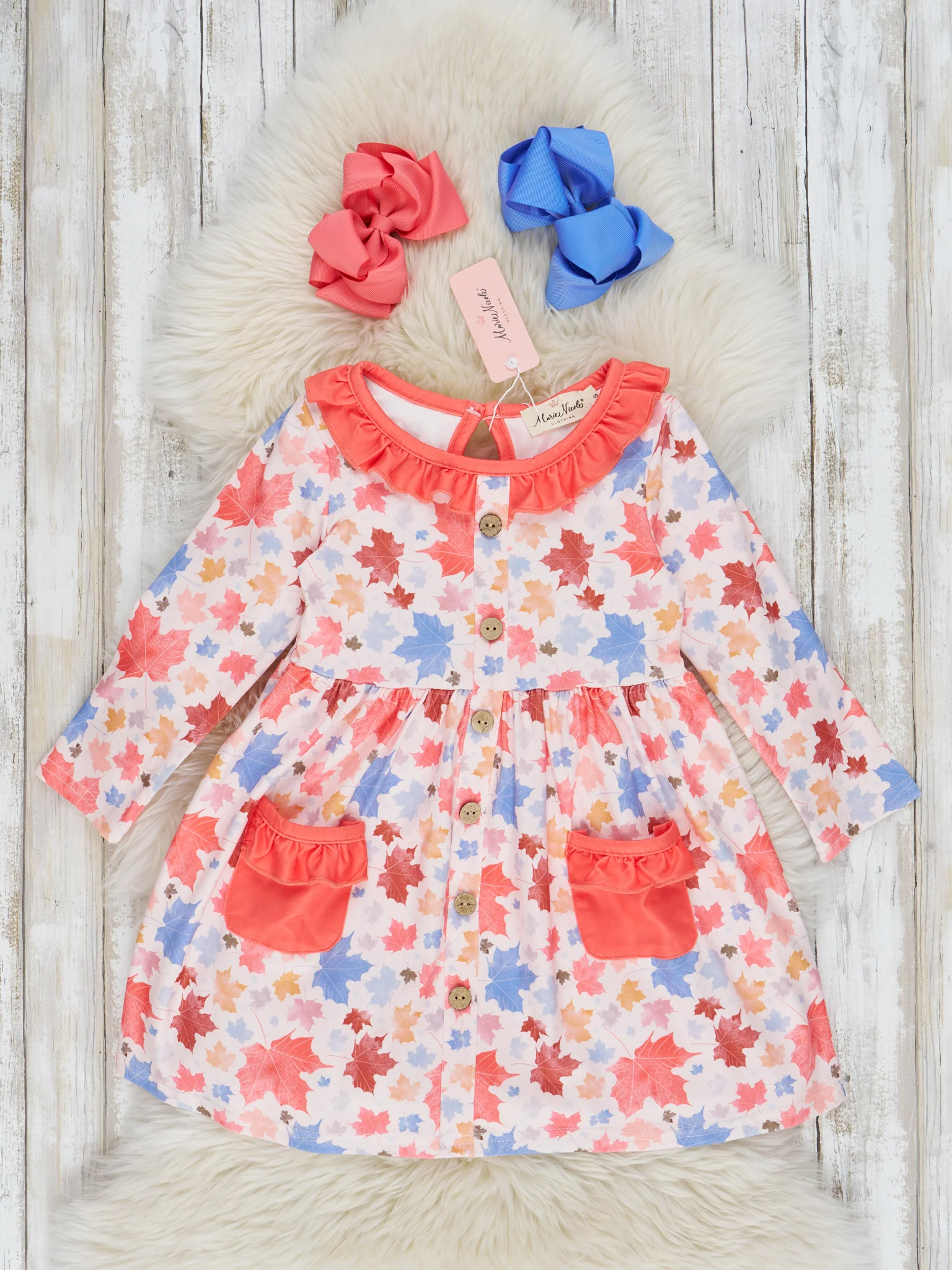 Scarlet & Cornflower Blue Falling Leaves Ruffle Dress