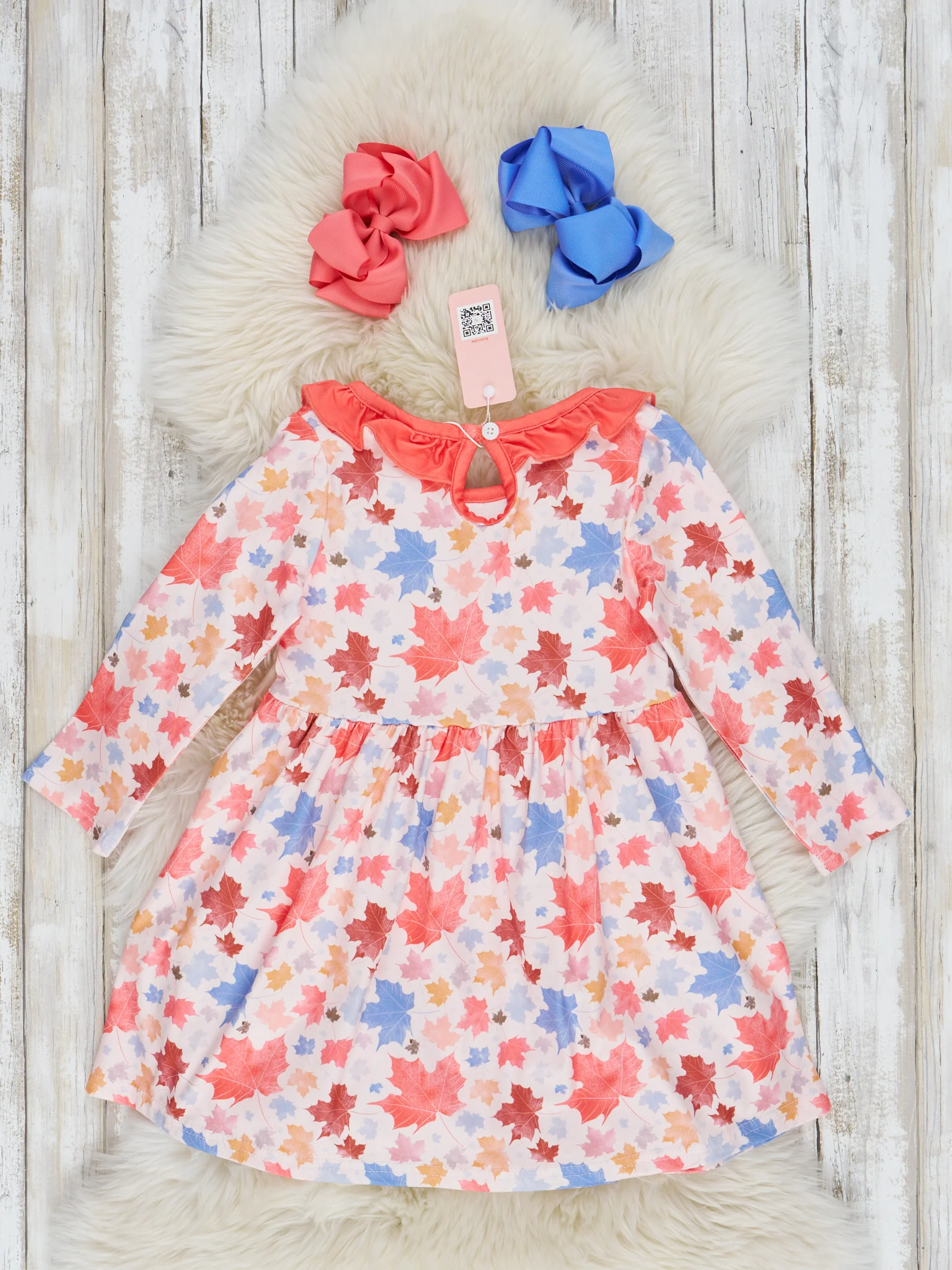 Scarlet & Cornflower Blue Falling Leaves Ruffle Dress - Image 2
