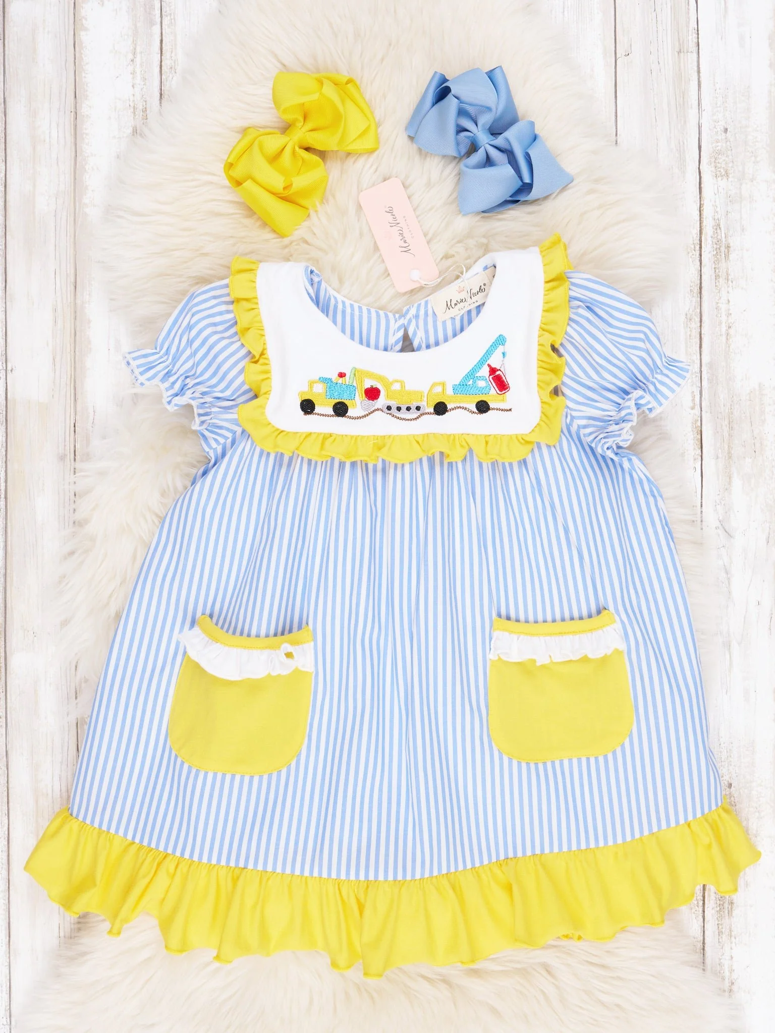 School Construction Pinstriped Ruffle Dress