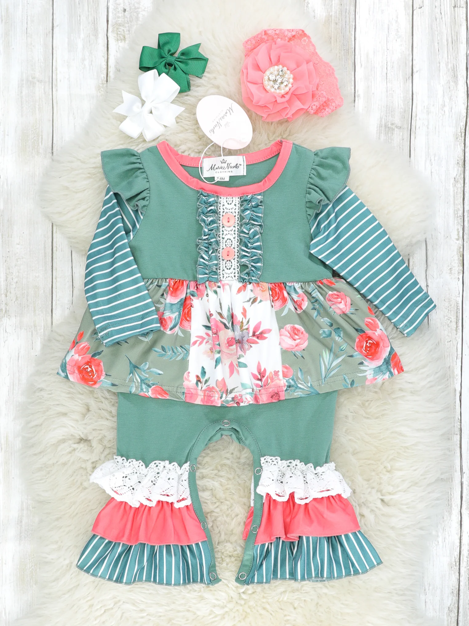 Sea Green & Pink Floral Ruffle Dressy Romper