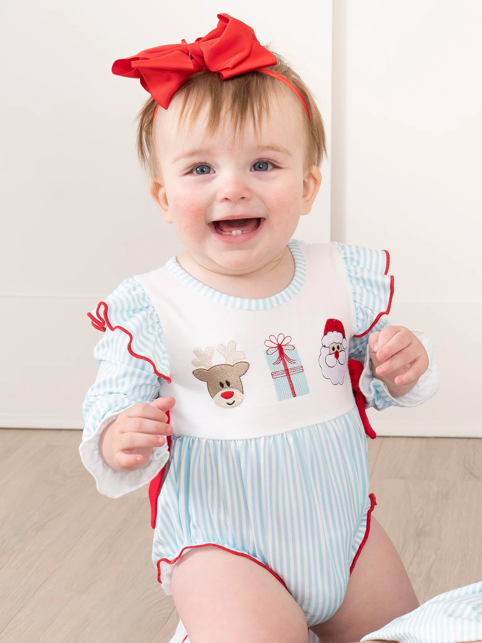 Season's Greetings Embroidered Ruffle Bubble Romper