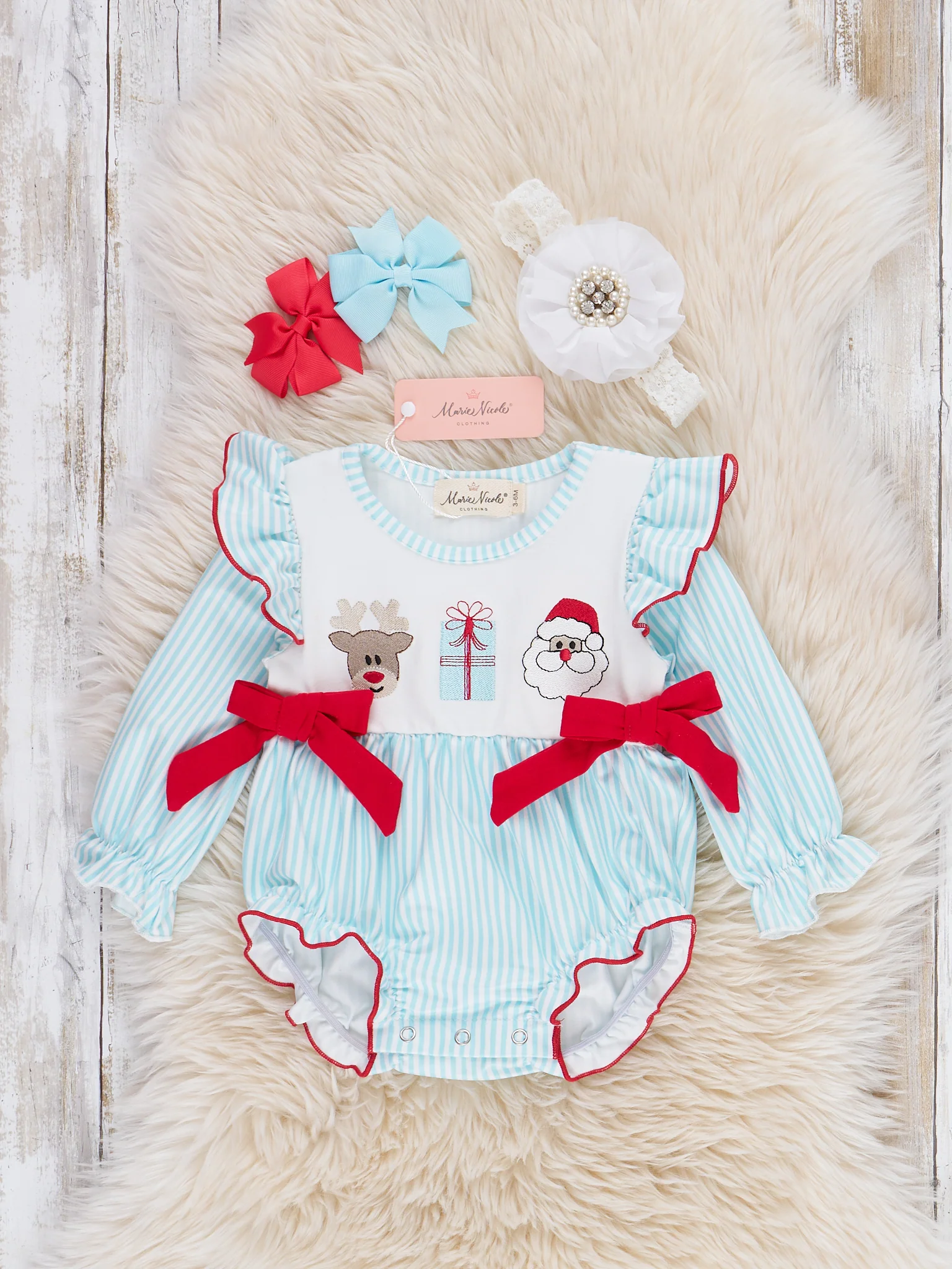 Season's Greetings Embroidered Ruffle Bubble Romper - Image 2