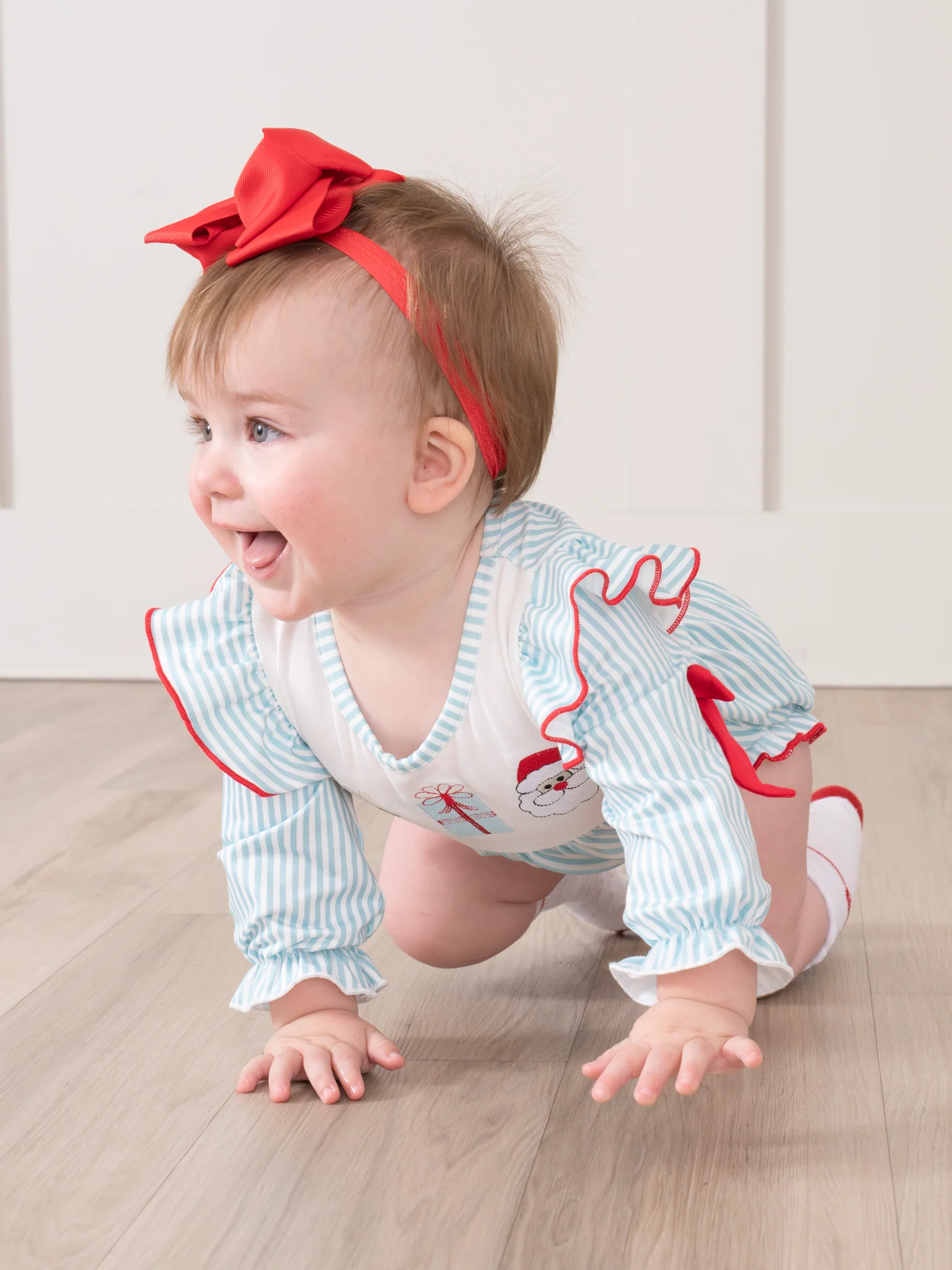 Season's Greetings Embroidered Ruffle Bubble Romper - Image 4