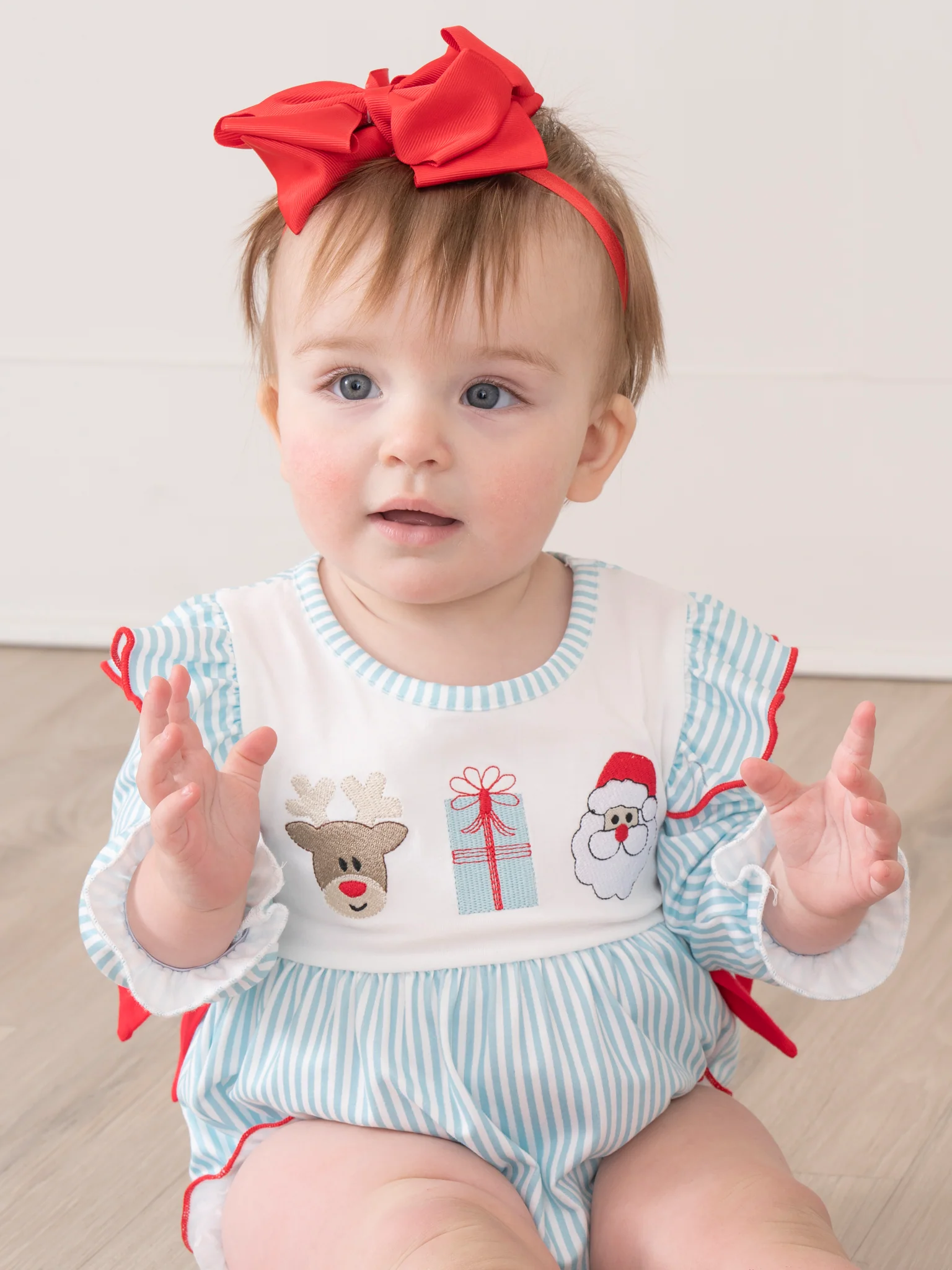 Season's Greetings Embroidered Ruffle Bubble Romper - Image 6