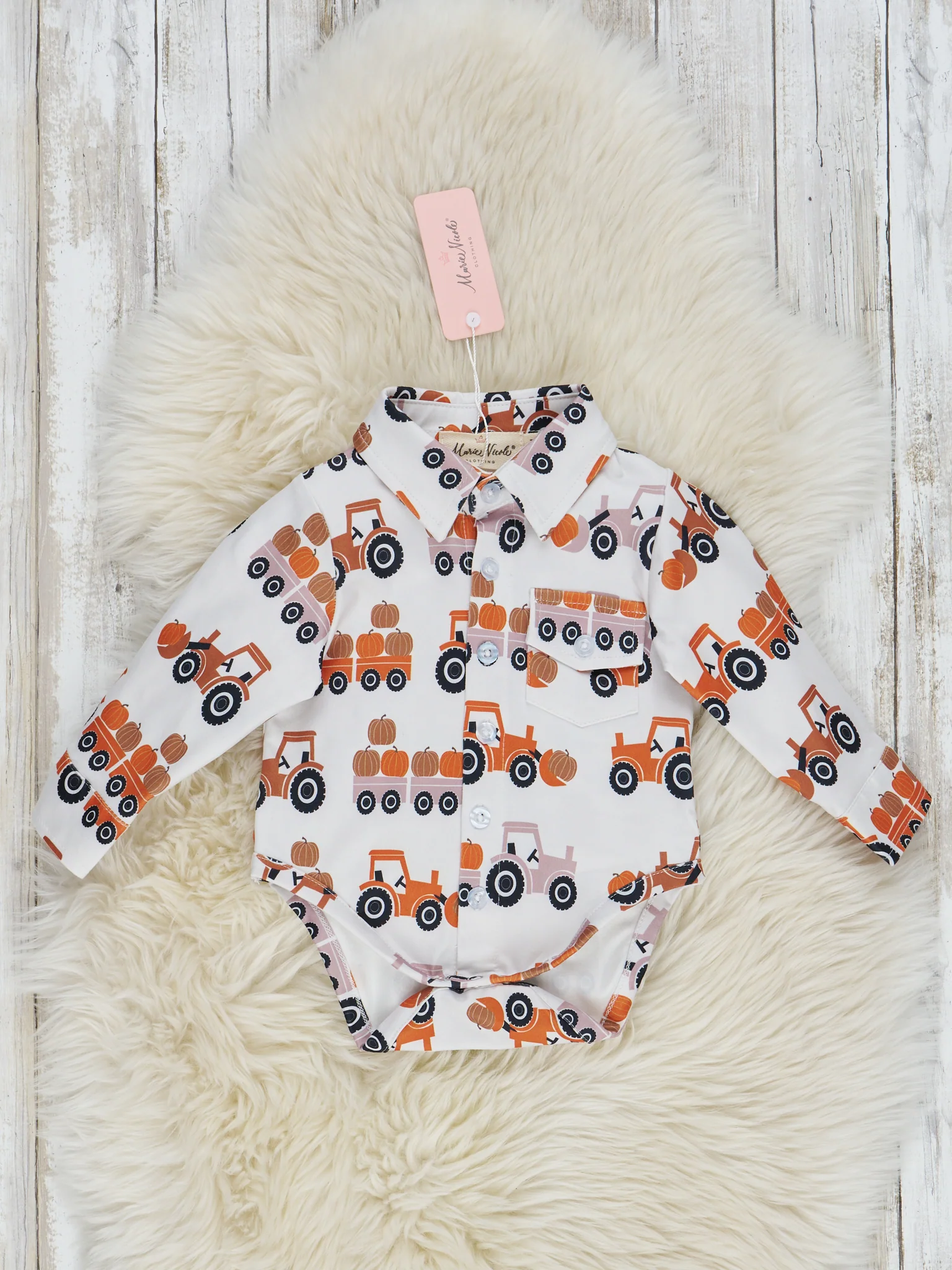 Sepia Pumpkin Tractor Button Up Romper