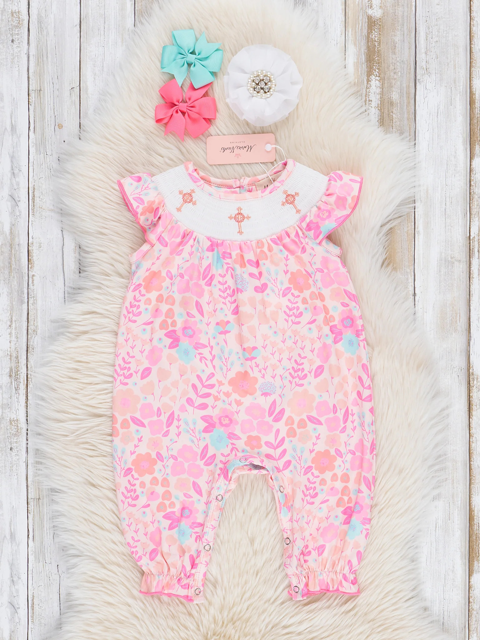 Shining Crosses Smocked Floral Romper