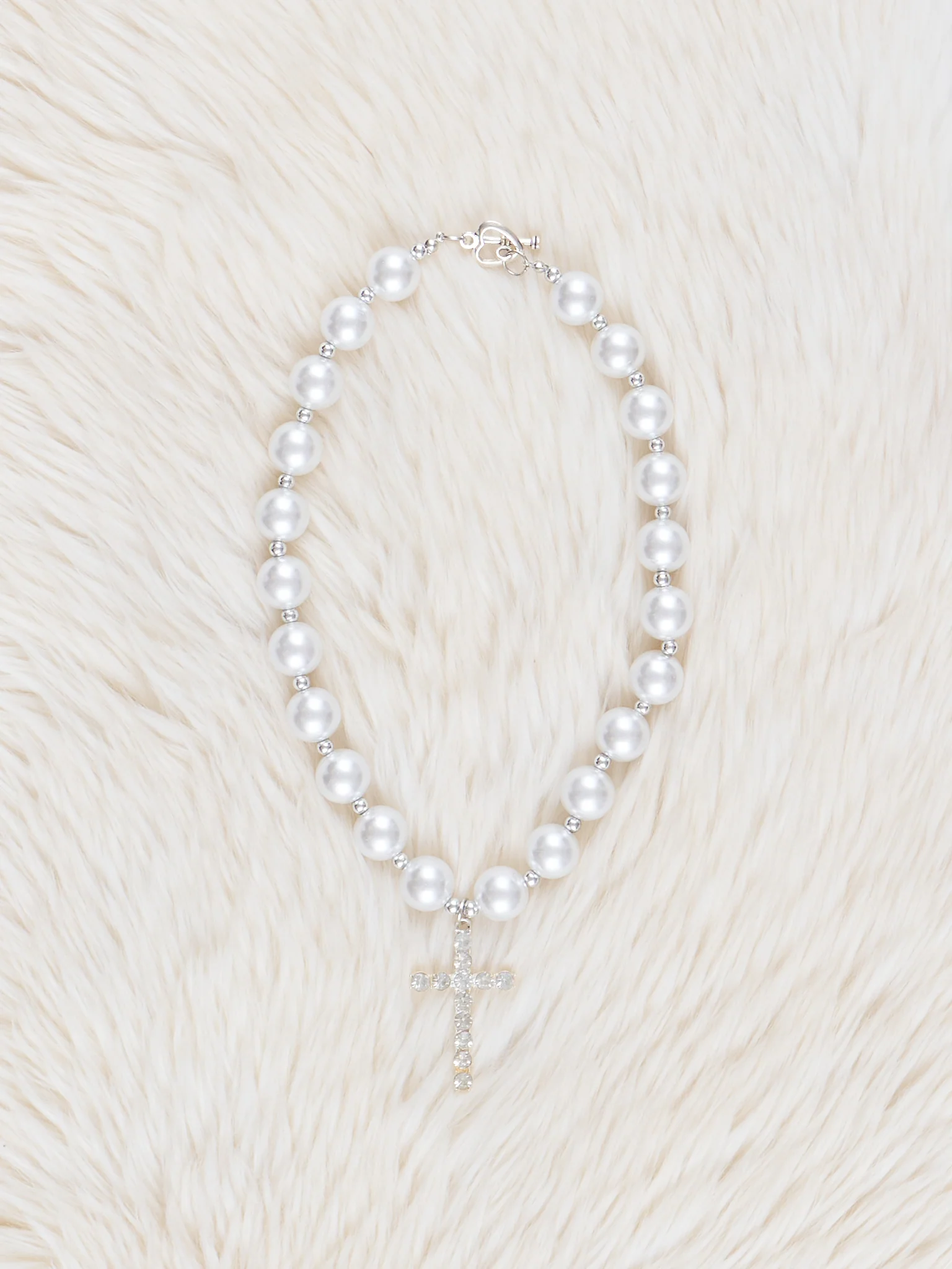 Silver Pearl Cross Bubblegum Necklace