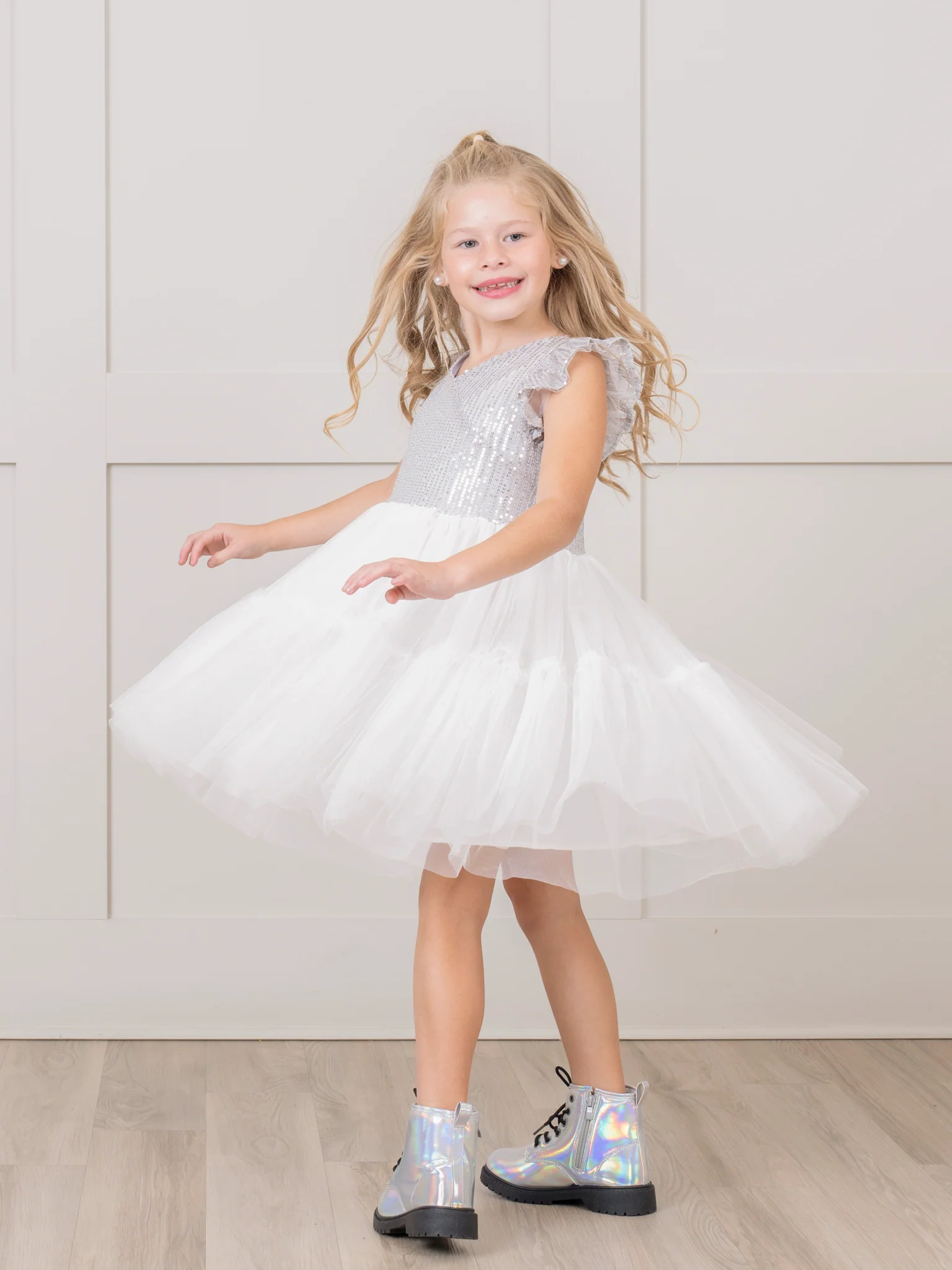 Silver Sequin Tiered Tulle Dress - Image 5