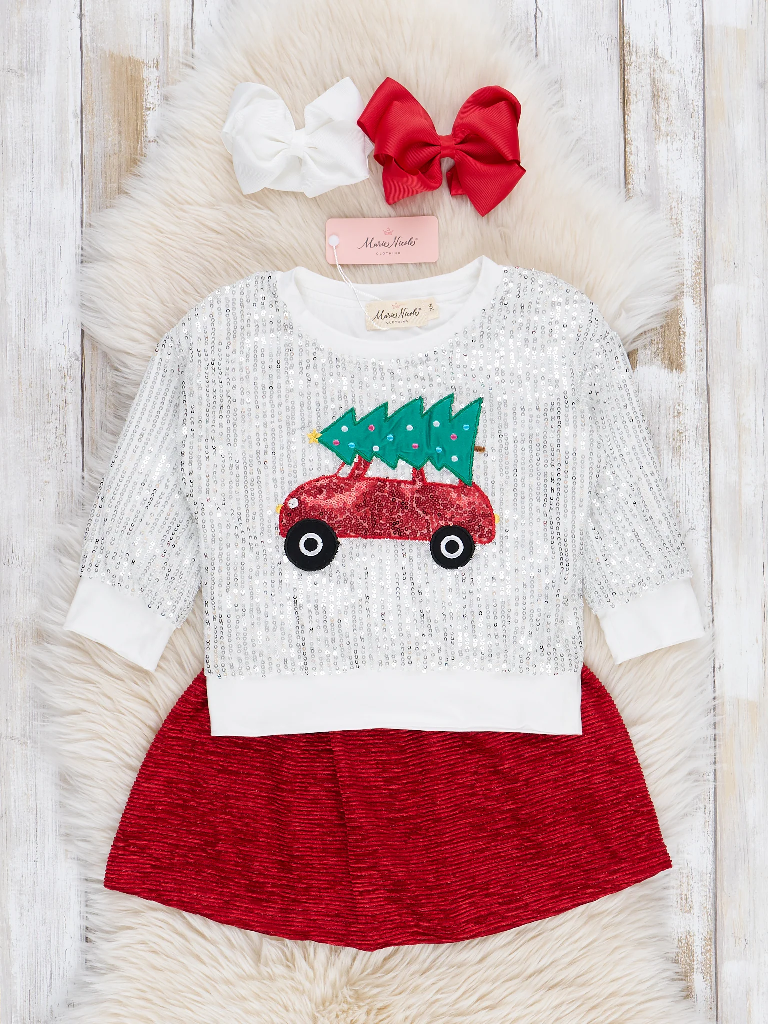 Silver Sequins & Red Velvet Christmas Outfit w/ Skirt - Image 2