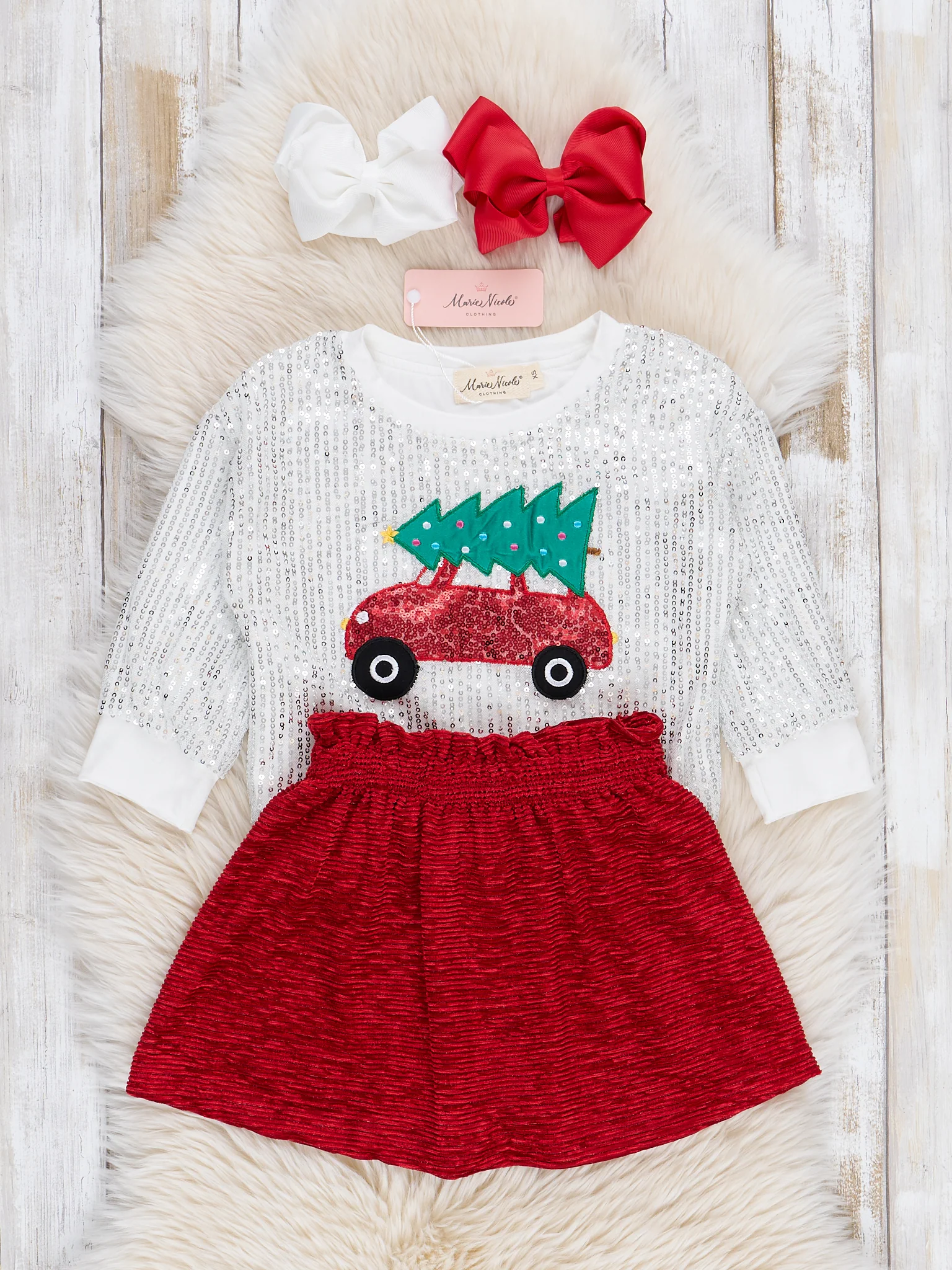 Silver Sequins & Red Velvet Christmas Outfit w/ Skirt - Image 3