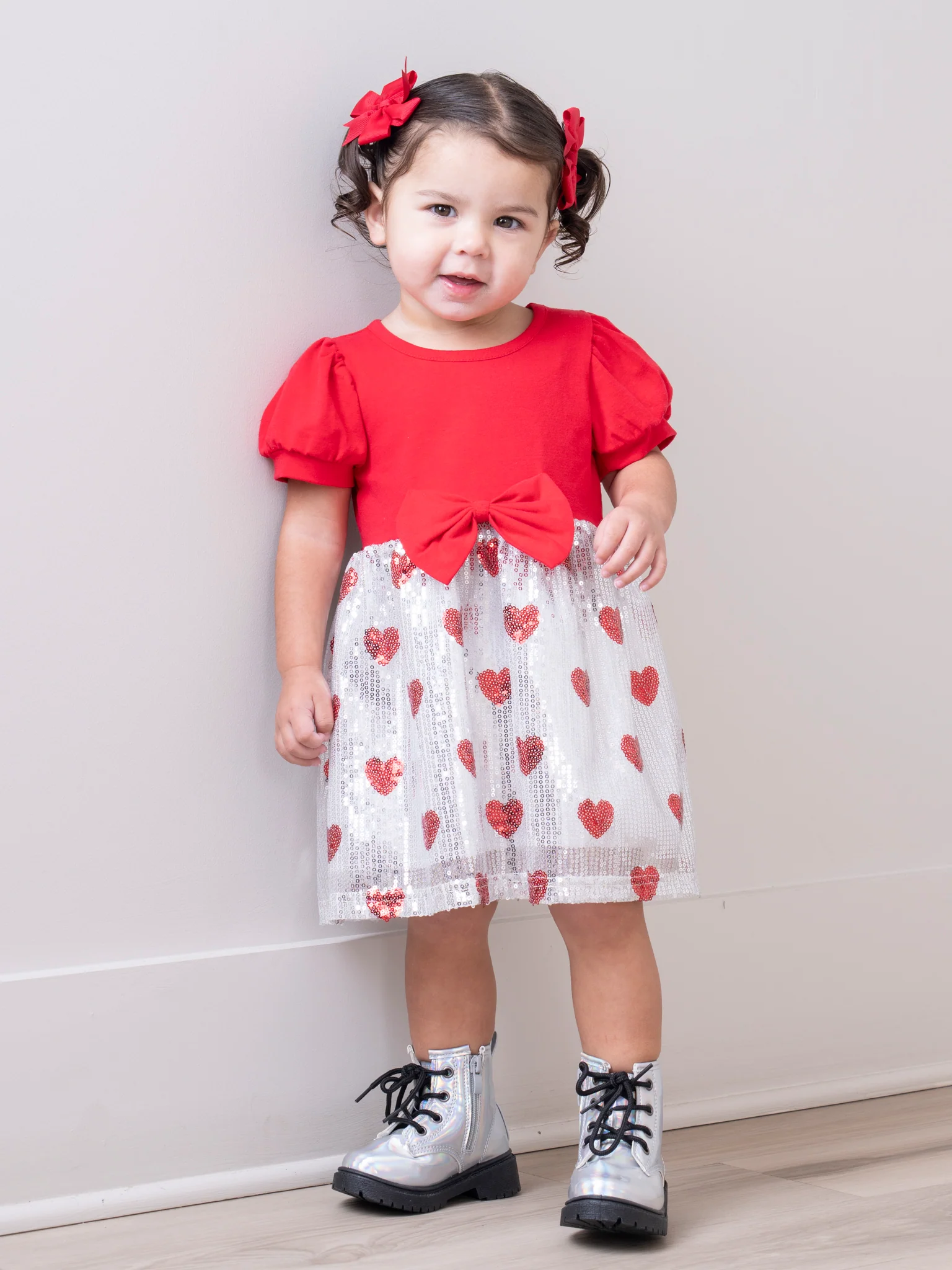 Silver Sparkle Hearts Sequin Puff Sleeve Dress