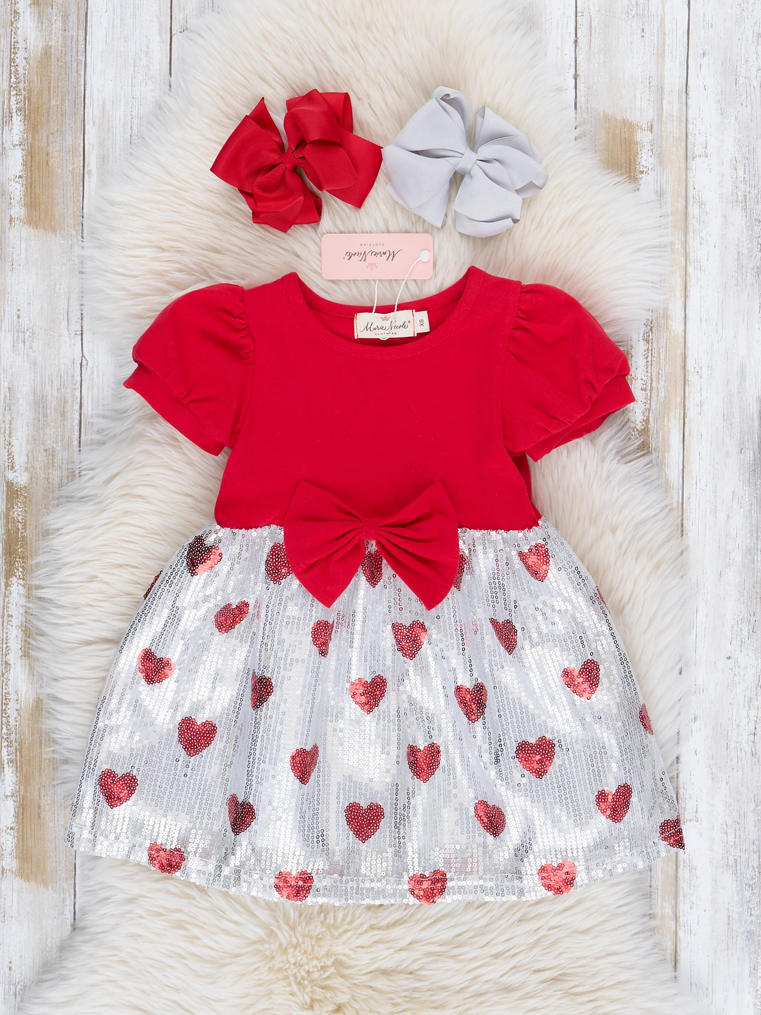 Silver Sparkle Hearts Sequin Puff Sleeve Dress - Image 2